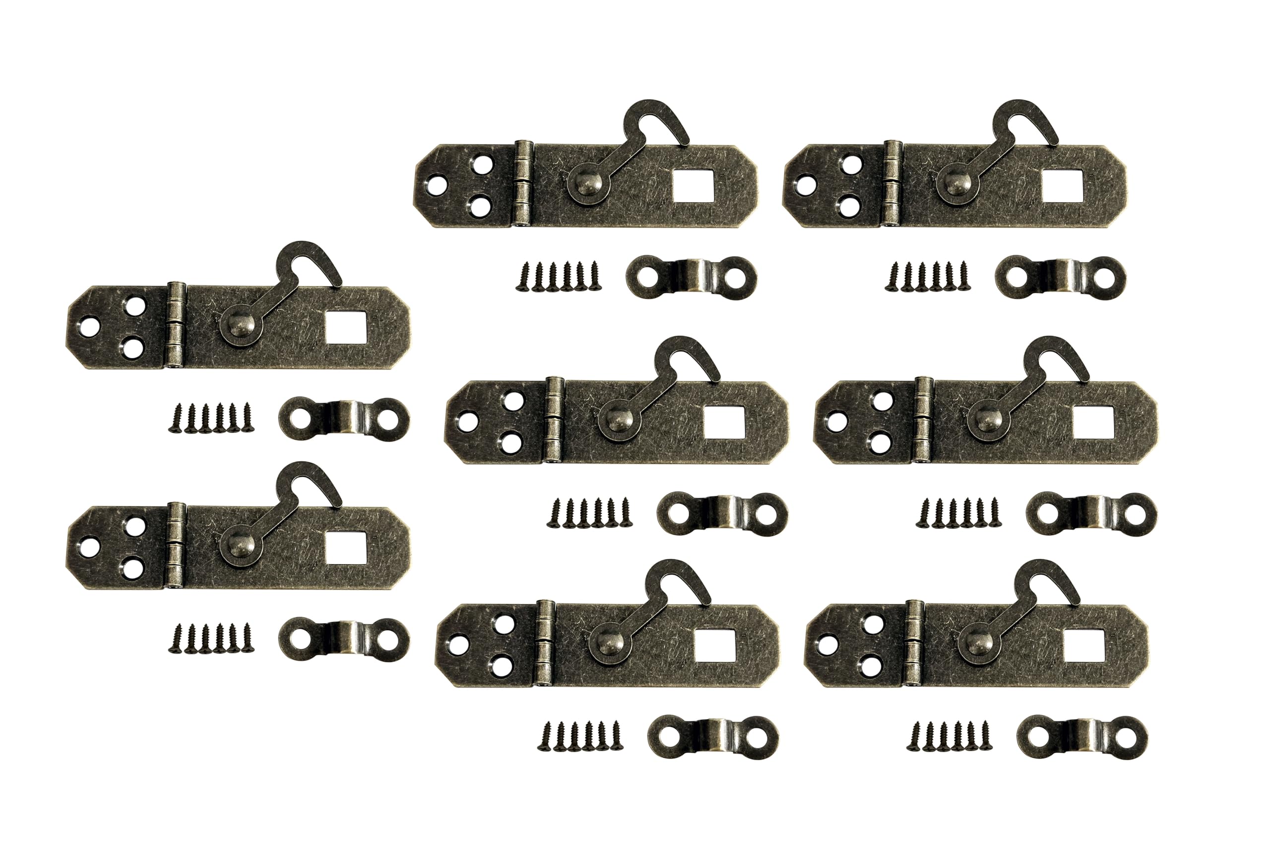 QCAA Decorative Mini Hasp with Hook Latch, 2-1/8" x 3/4", for Small Box, Antique Brass, Made in Taiwan, 8 Pack