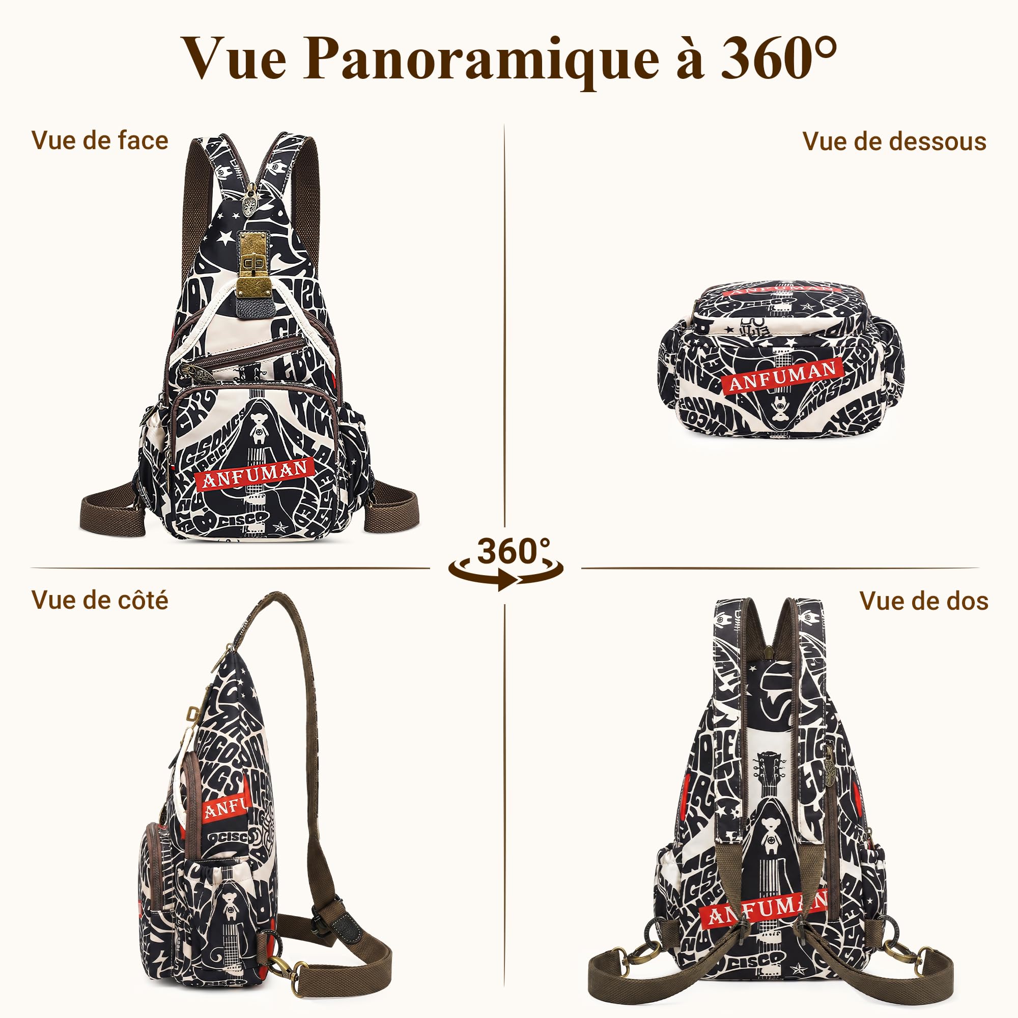 Mode Sac à Dos Femmes Décontracté Anti-vol Sac De Poitrine Rétro Messager Sacs À Bandoulière Voyage Travail Achats Fête Sling Sac D'épaule Nylon Sport Imprimé Sacs à Dos Noir B
