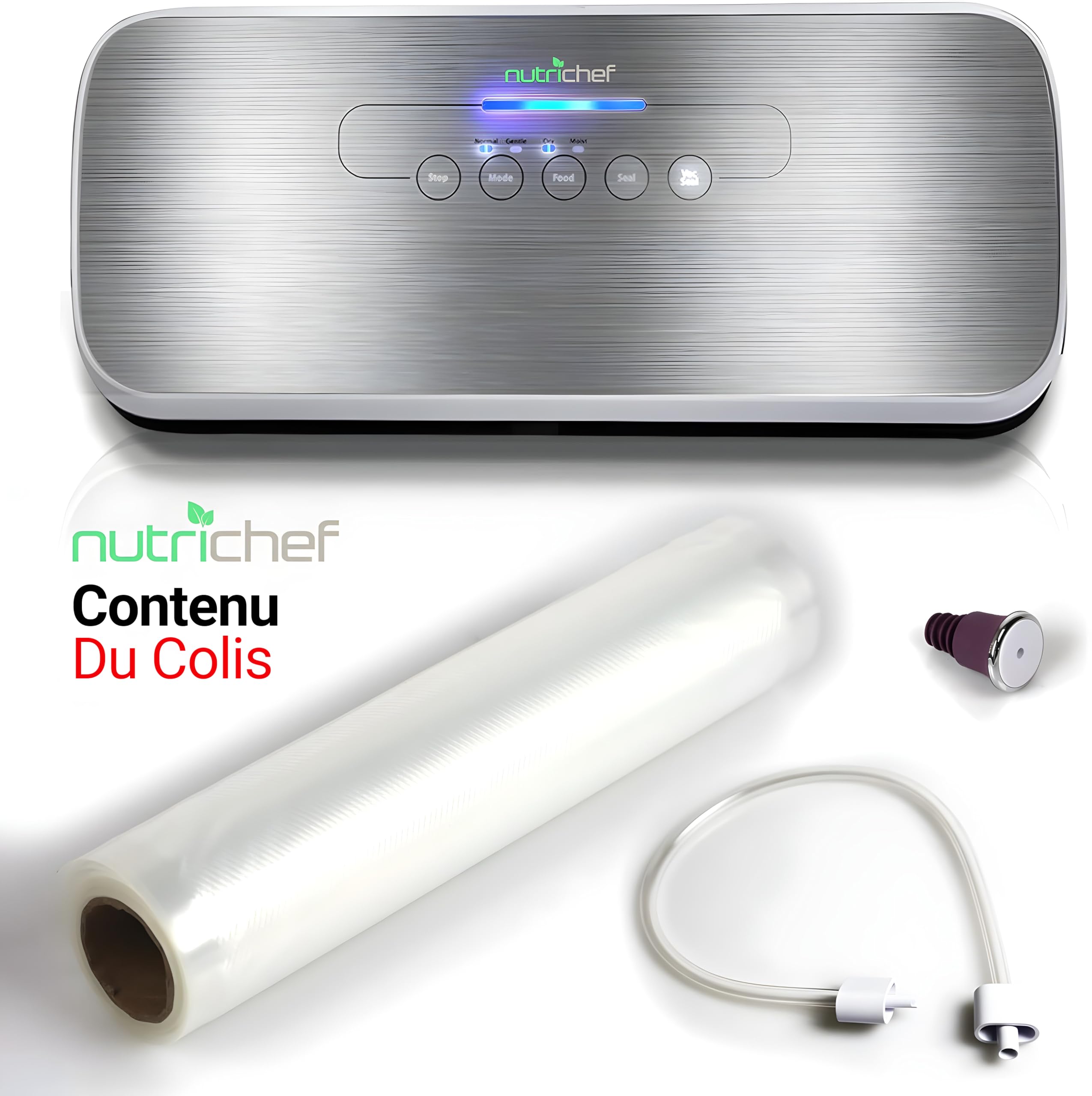 NutriChef Machine à Sceller Sous Vide - Système de Scellage Automatique pour Aliments Secs et Humides, Commandes Tactiles LED, Inclut des Sacs de Vide, un Tuyau et un Bouchon - Argenté