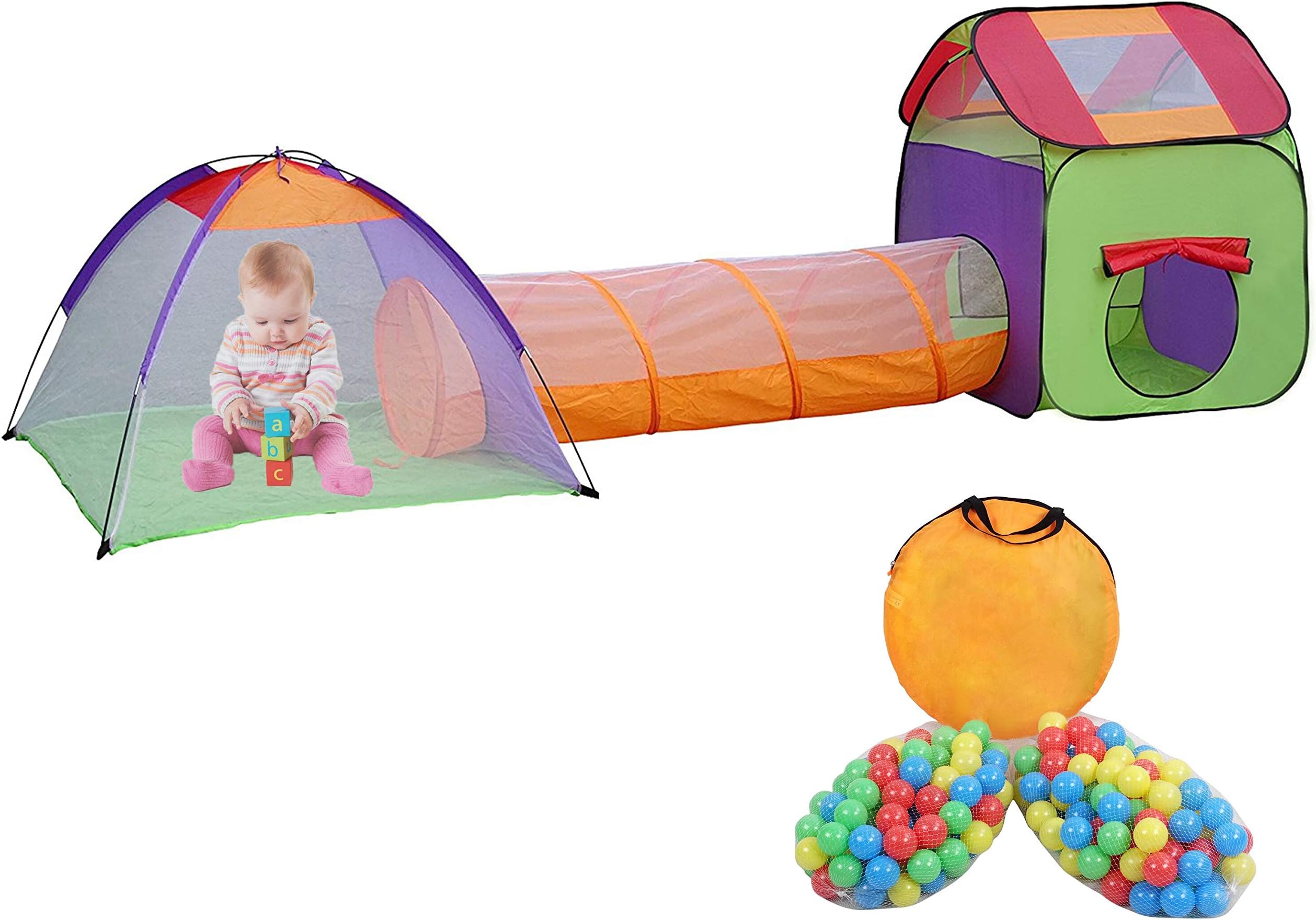 MC Star Pop up Kids Play Tent 3 in 1 Games tent and Tunnel set + 200 Ball Pool Children House Portable (Balls Included)