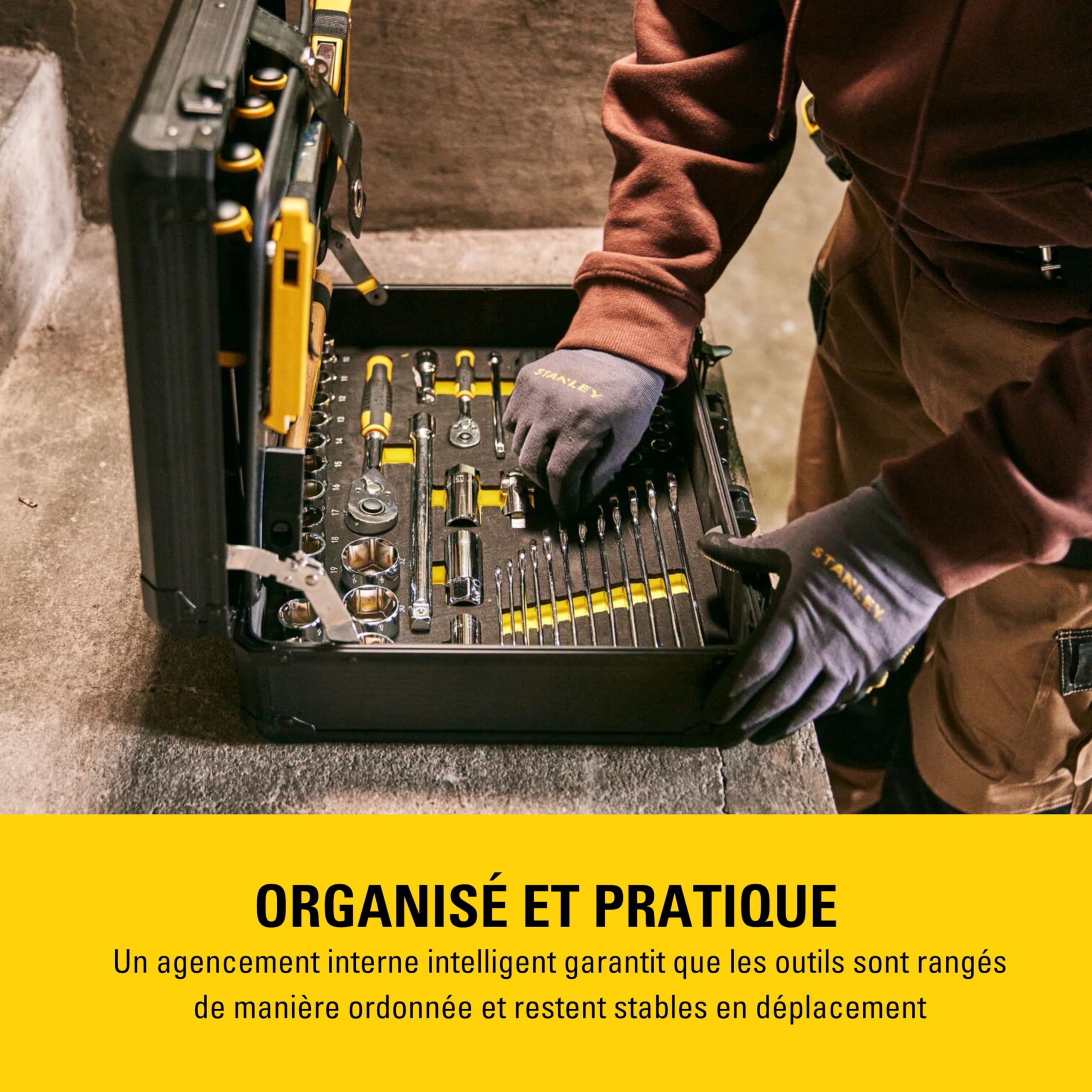 STANLEY Valise de Maintenance 142 Pièces - Pinces et Coupe-Touts, Clé à Molette, Niveau, Mesure, Tournevis, Scie à Métaux, Cutter, Marteau, Outils pour Serrage-Vissage STMT98109-1
