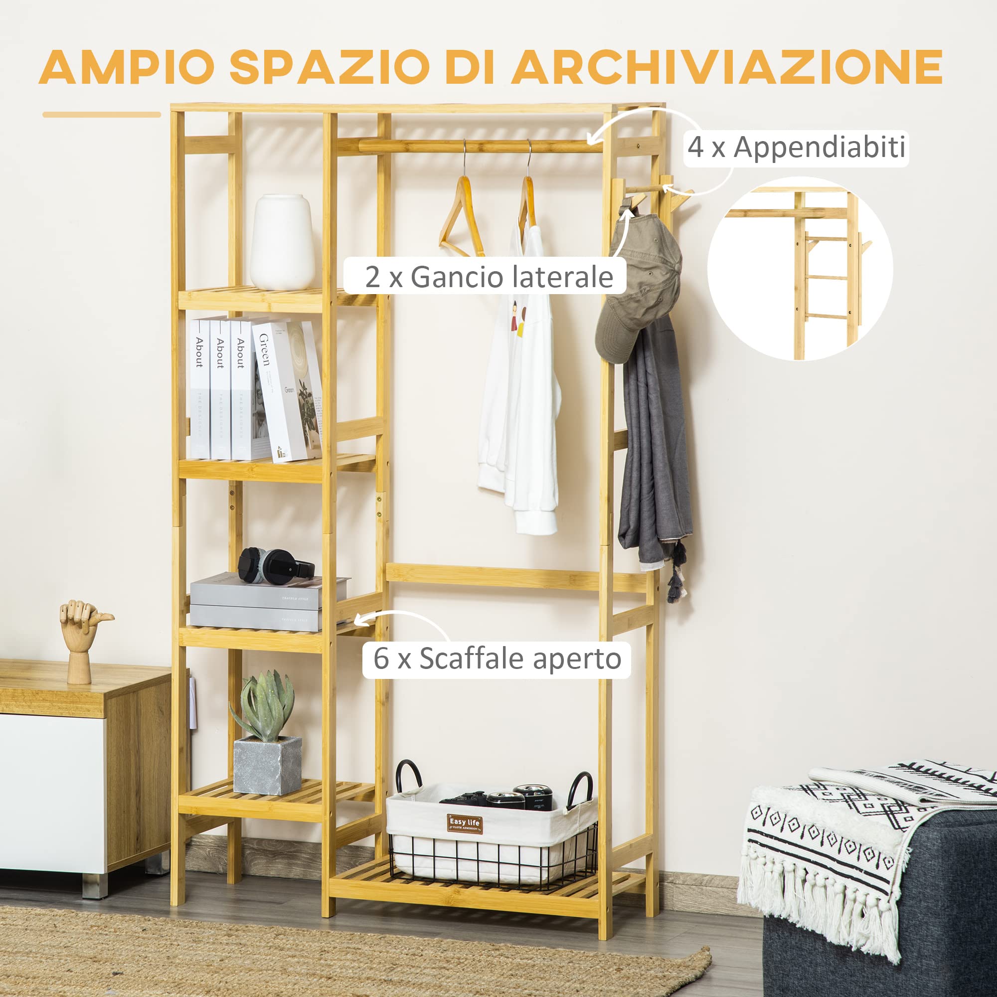 HOMCOM Appendiabiti da Terra in Legno di Bambù, Attaccapanni con Mensole Laterali per Ingresso e Camera da Letto, 90x30x155cm
