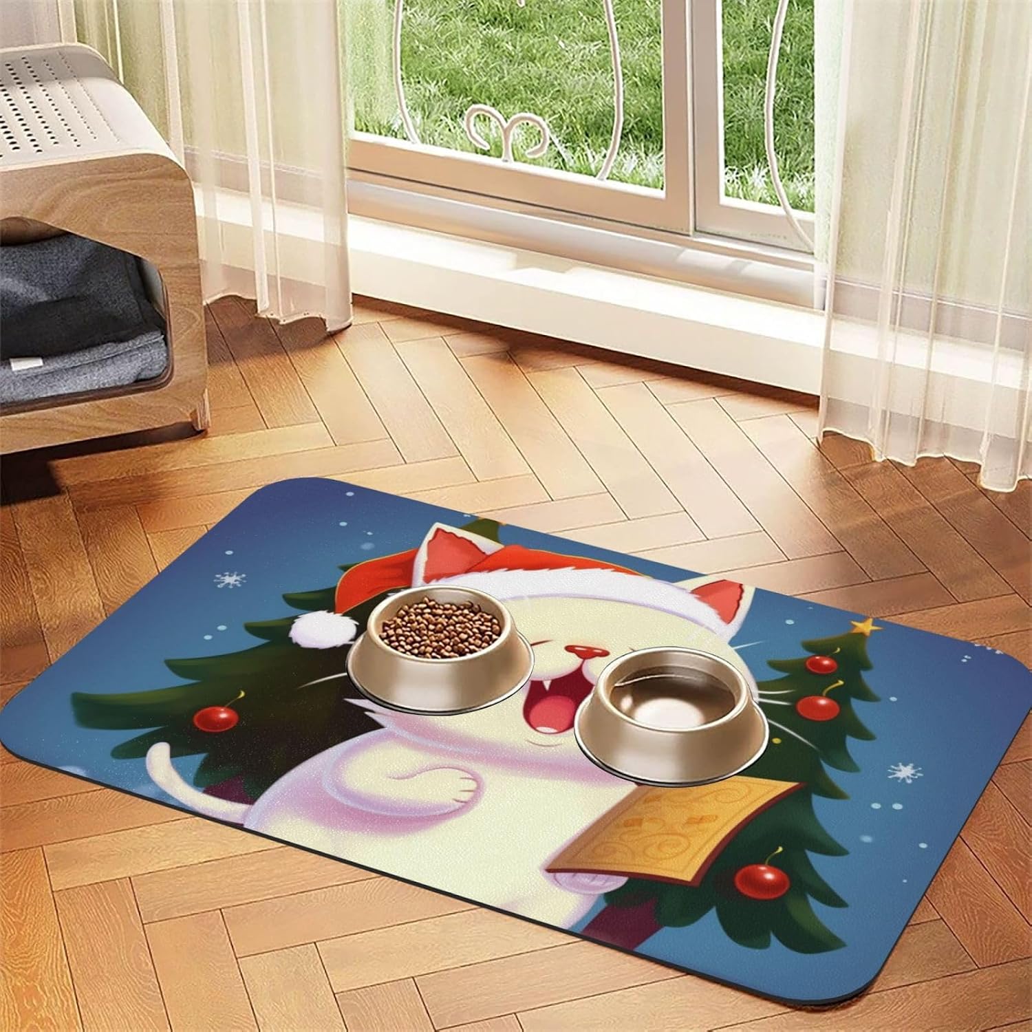 Cute Cat Sing Christmas Carols Pet Feeding Mat 30x45cm Absorbent Leather Dog Cat Food Mats Non-Slip Dog Bowl Mats for Food and Water, Quick Dry Pets Placemats for Cats and Dogs Water Bowl