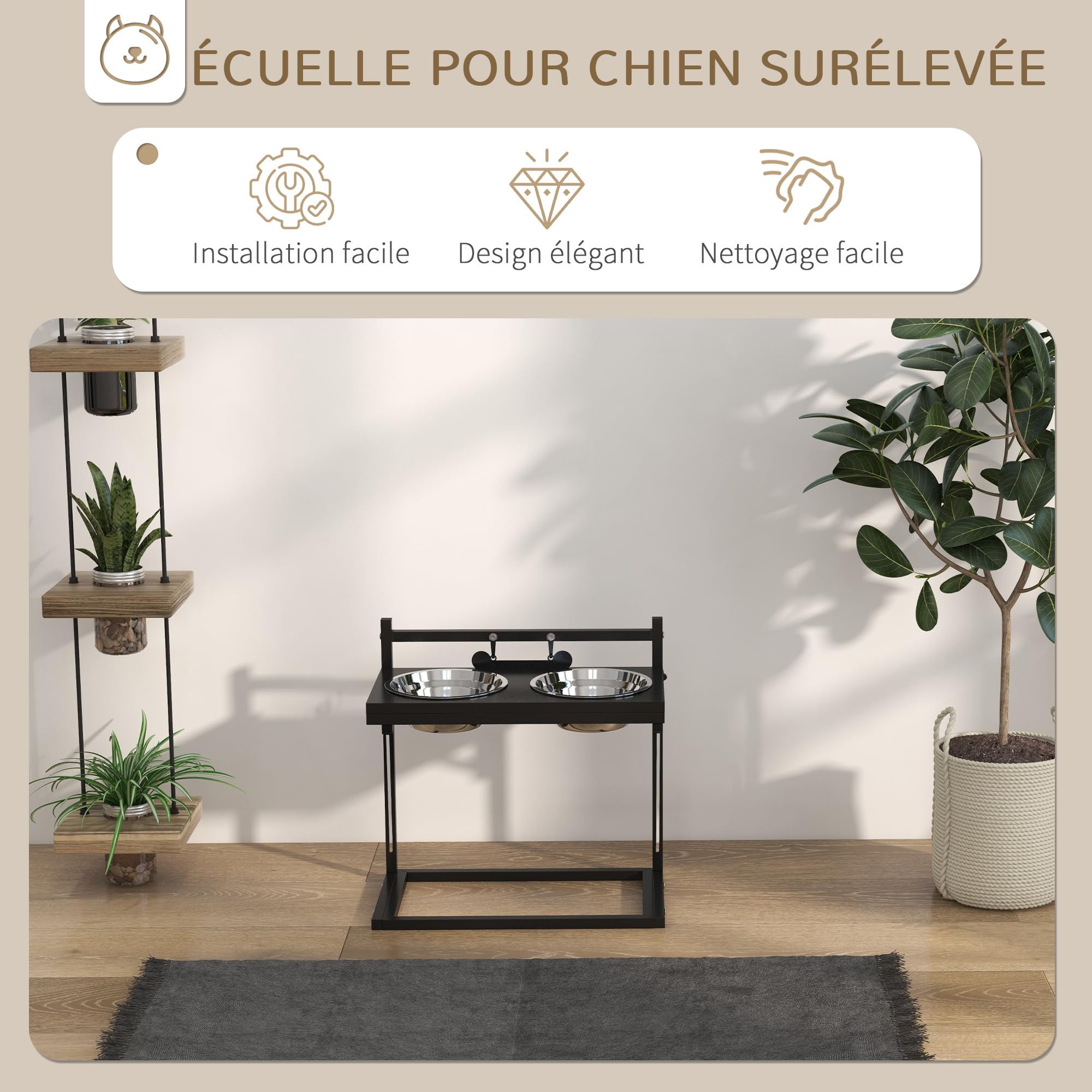 PawHut Gamelles surélevées Chien, 2 Bols en Acier inoxydables Amovibles, avec Plaque Forme d'os, Support réglable en Hauteur 11-33 cm, Noir