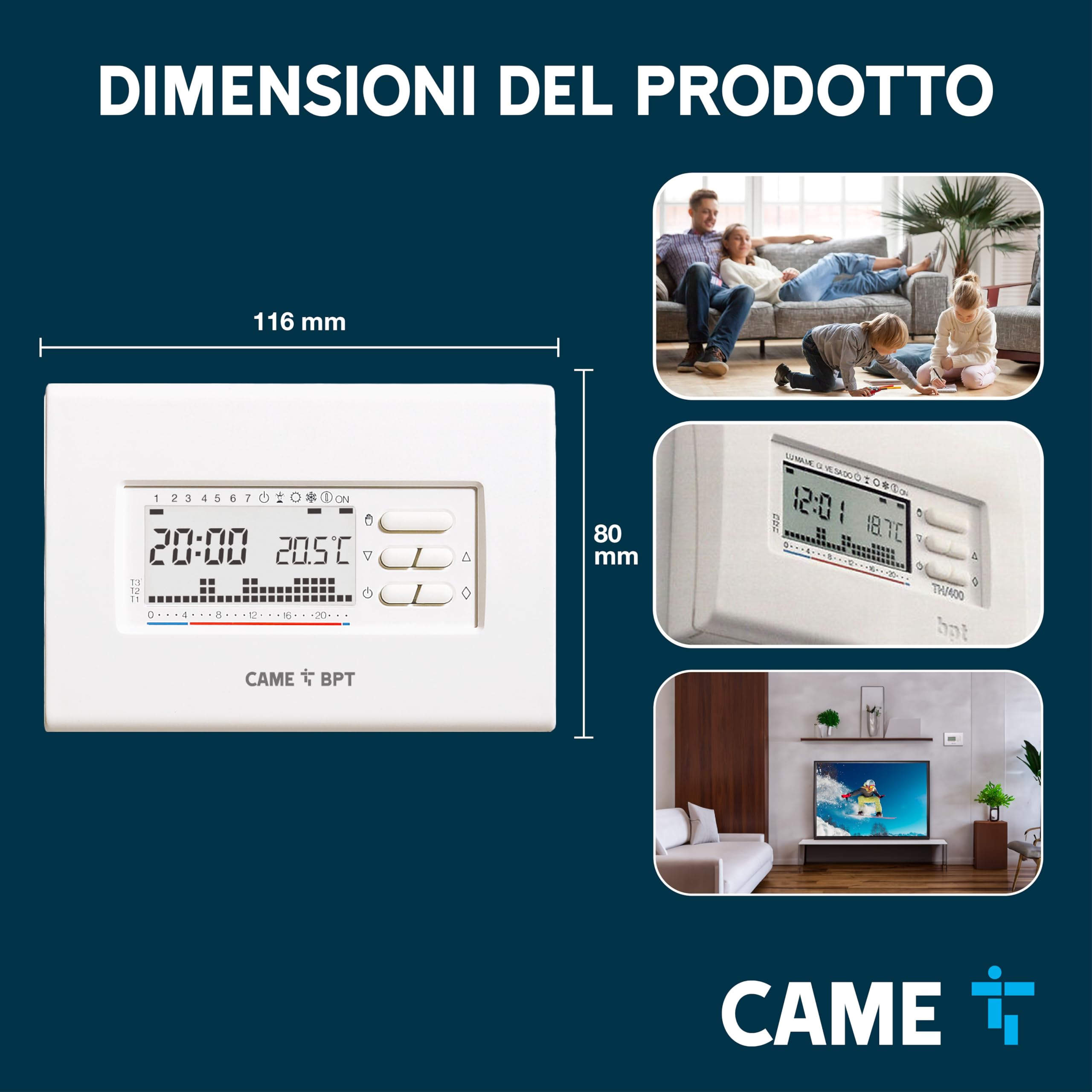 CAME TH/400 BB Cronotermostato digitale settimanale a parete colore bianco con alimentazione a tre batterie da 1,5V per un controllo semplice e affidabile della temperatura