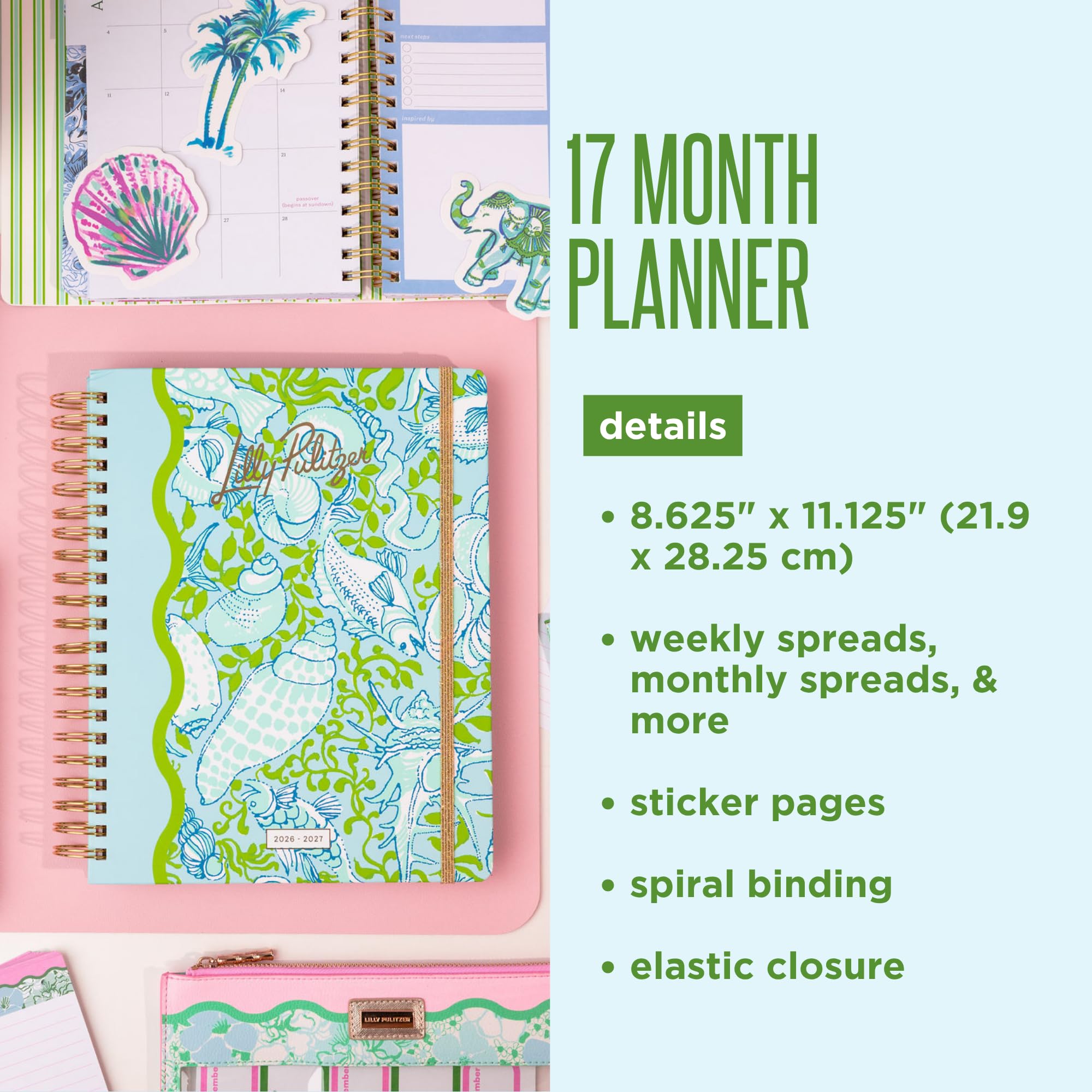 Lilly Pulitzer Agenda Jumbo 17 mesi, 21,9 x 28,3 cm, datata agosto 2026-dicembre 2027, rilegatura a spirale dorata e chiusura elastica, layout settimanali e mensili, adesivi, pagine di viaggio e