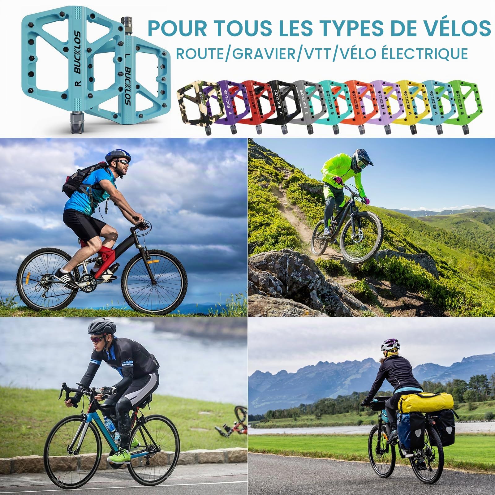 Pédales de VTT plates pour VTT - Grande plateforme - En nylon - Antidérapantes - Pour vélo adulte - 9/16"