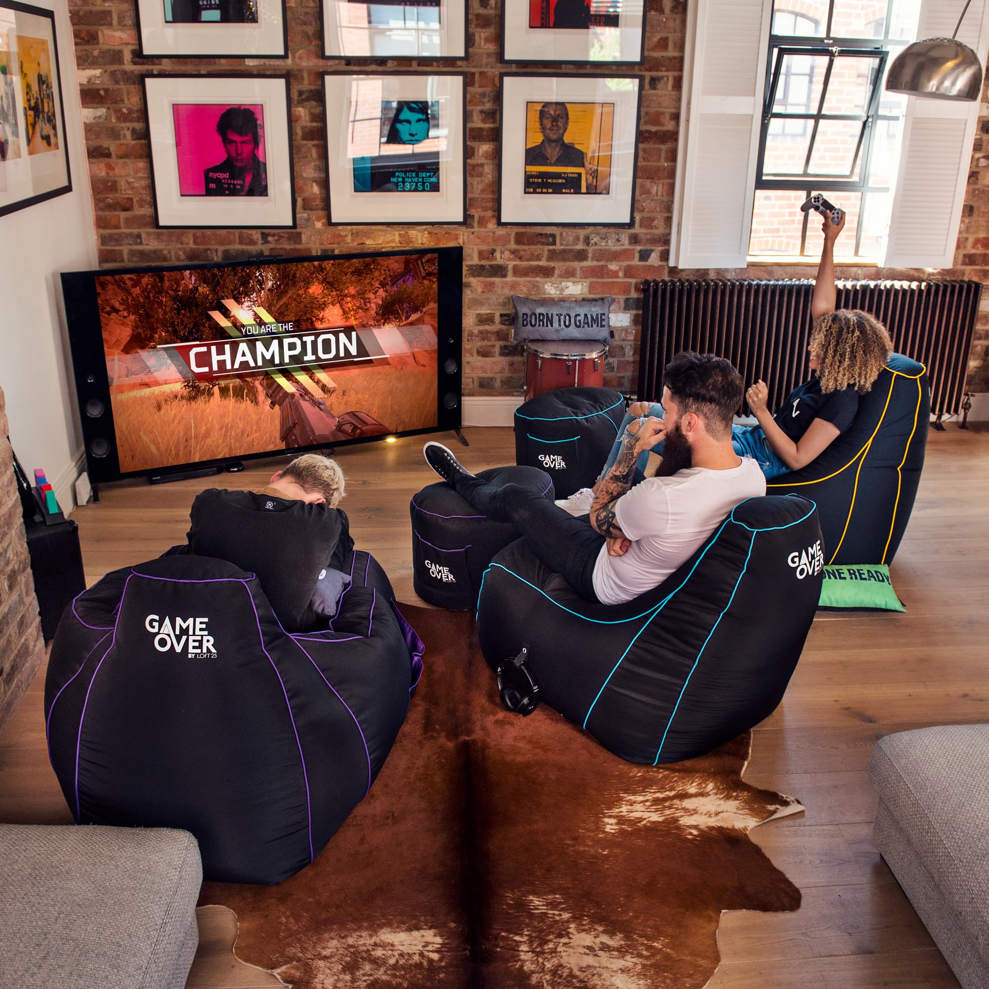 Game Over Chaise Pouf de Jeux Vidéos | Salle de Séjour Intérieure Fauteuil Gamer | Poches Latérales pour Les Manettes | Support de Casque | Conception Ergonomique (Cramoisi Électrique)