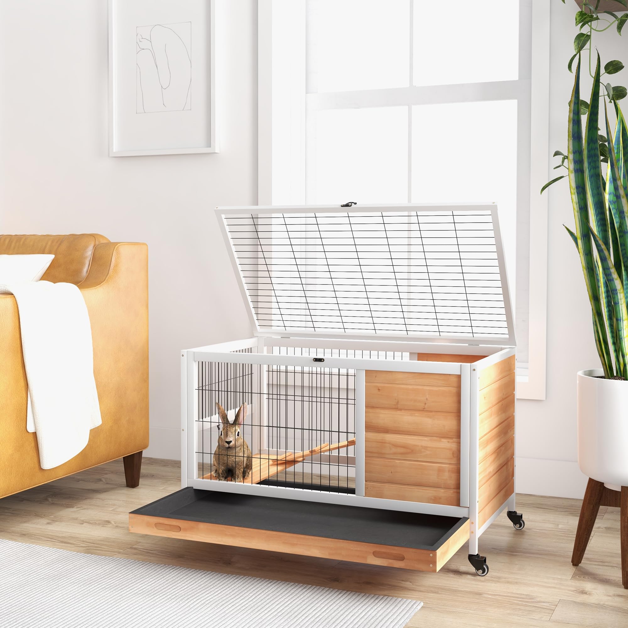 PawHut Jaula para Conejos de Madera Conejera para Mascotas Pequeñas Portátil Interior con Techo Abrible Rampa Bandeja Extraíble para Conejillos de Indias 90x53x59 cm Madera Natural