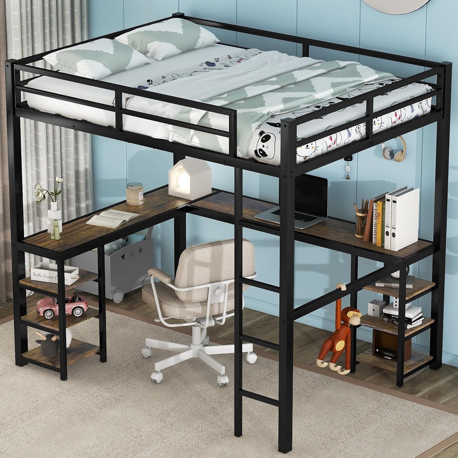 Full Size Loft Bed with Desk and Storage Shelves, Heavy Duty Metal Loft Bed with L-Shaped Desk and Ladder, Full Size Loft Bed for Kids, Teens, Black Loft Bed Full Size Black Desk Shelf Full