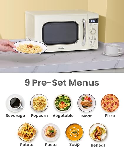 Miniatura 3 de COMFEE' Horno de microondas pequeño retro con tamaño compacto, 9 menús preestablecidos, plato giratorio con memoria de posición, función