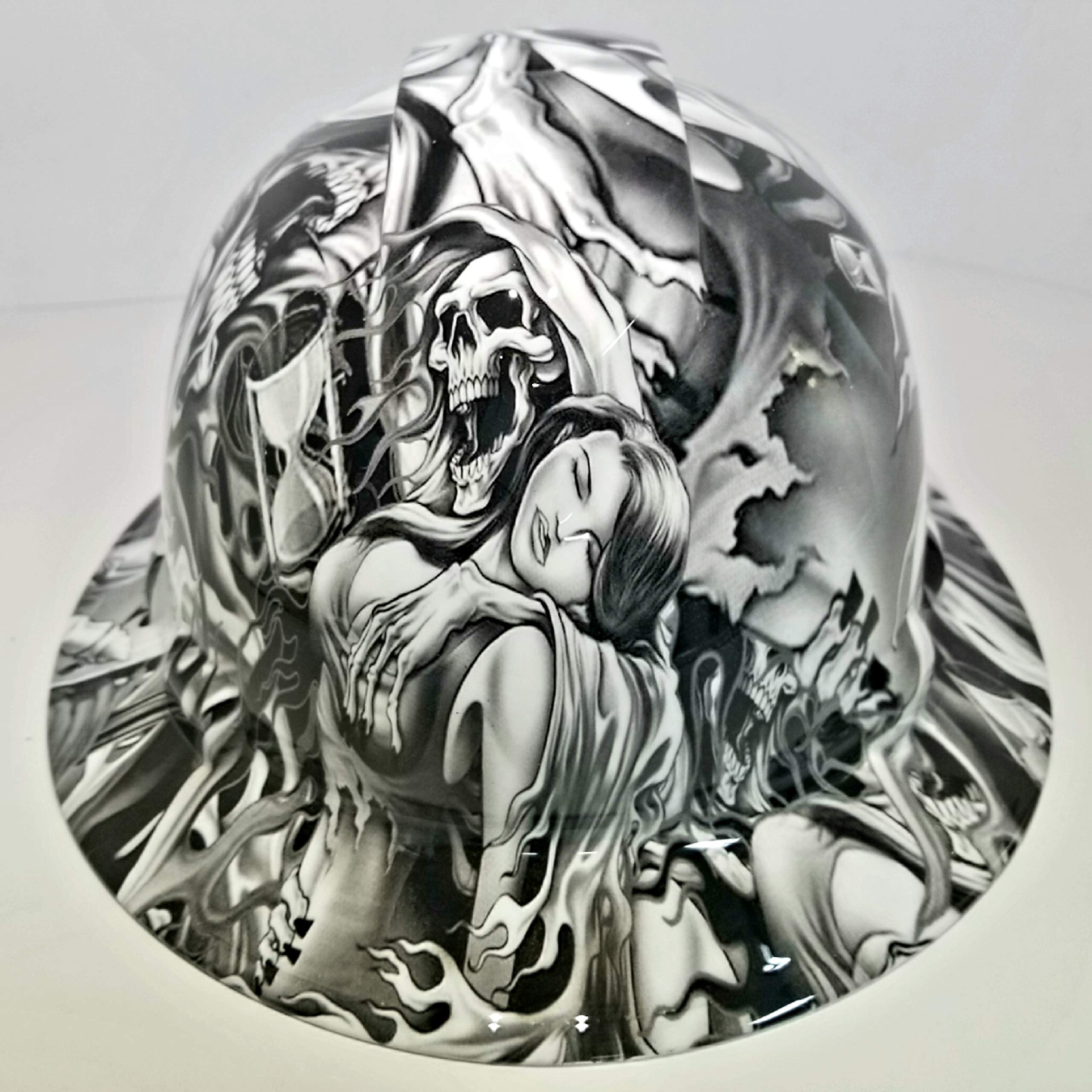 Wet Works ImagingCustomized Pyramex Full Brim Hydro Dipped in White Soul Reaper Hard HAT with Ratcheting Suspension Custom LIDS Crazy Sick Construction PPE