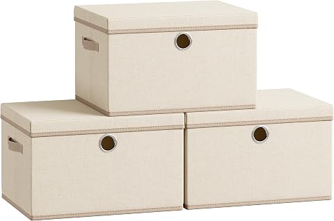 SONGMICS Cajas Almacenaje, con Tapa, Juego de 3, Organizadora de Tela