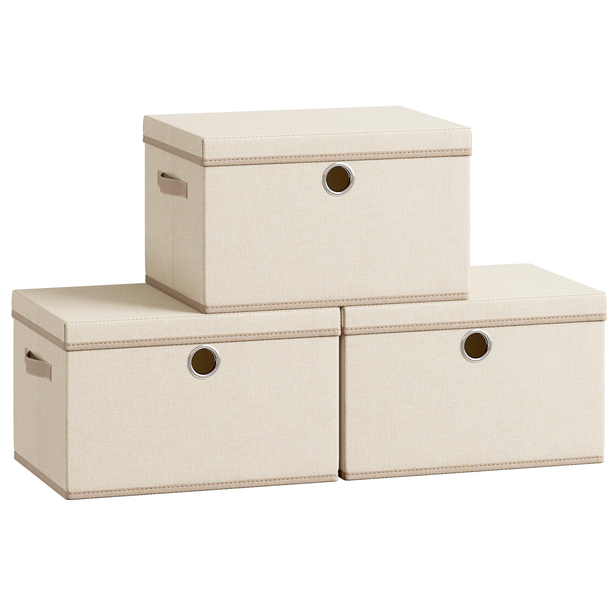 SONGMICS Scatole Portaoggetti con Coperchio, Set di 3 Contenitori in Tessuto, Pannelli Interni in PP Inodori, Pieghevoli e Impilabili, Maniglie, 43 x 30 x 30 cm, Beige Cappuccino RFB545LH01