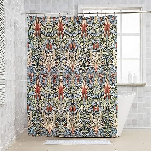 Miniatura 6 de William Morris - Cortina de ducha con estampado de pájaros azules, poliéster impermeable con 12 ganchos, 72 x 72 pulgadas
