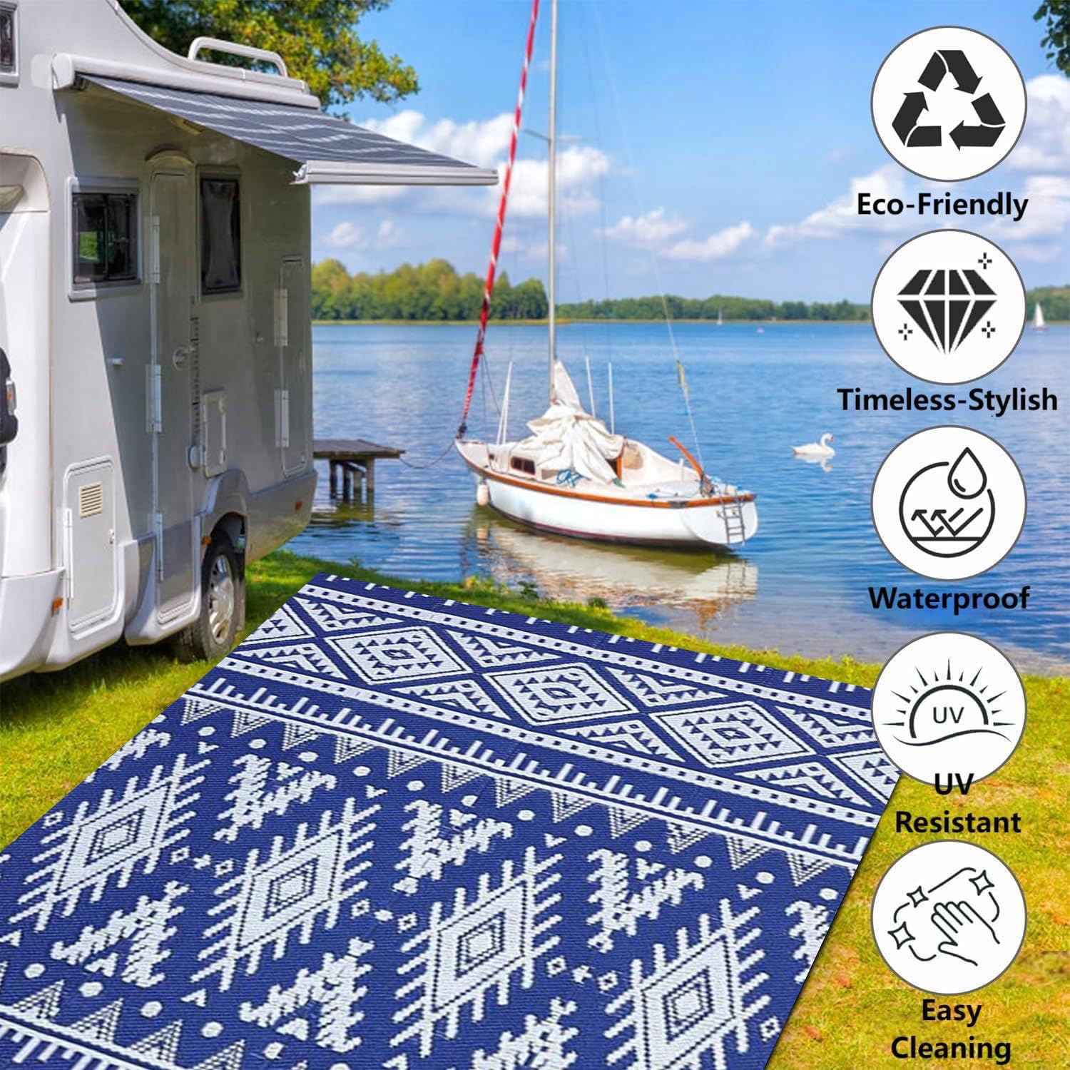 Dywan Balkonowy Bohemian,180x270 Lekki Plastikowy Dywanik ze Słomy na Zewnątrz Wodoodporny Dywanik Przy Basenie Przenośne Dwustronne Dywaniki do Ogrodu,Tarasów,Kempingu,Pikniku,Niebiesko-Biały