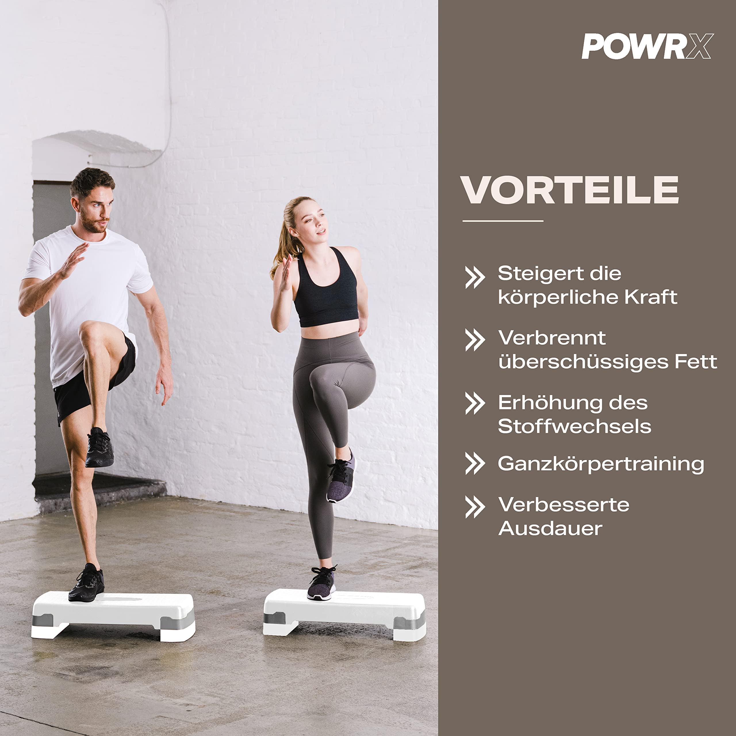 POWRX Steppbrett für Zuhause inkl. Workout I Stepper höhenverstellbar und rutschfest für Aerobic, Gymnastik und Fitness I Home Step Stepbench (Weiß)