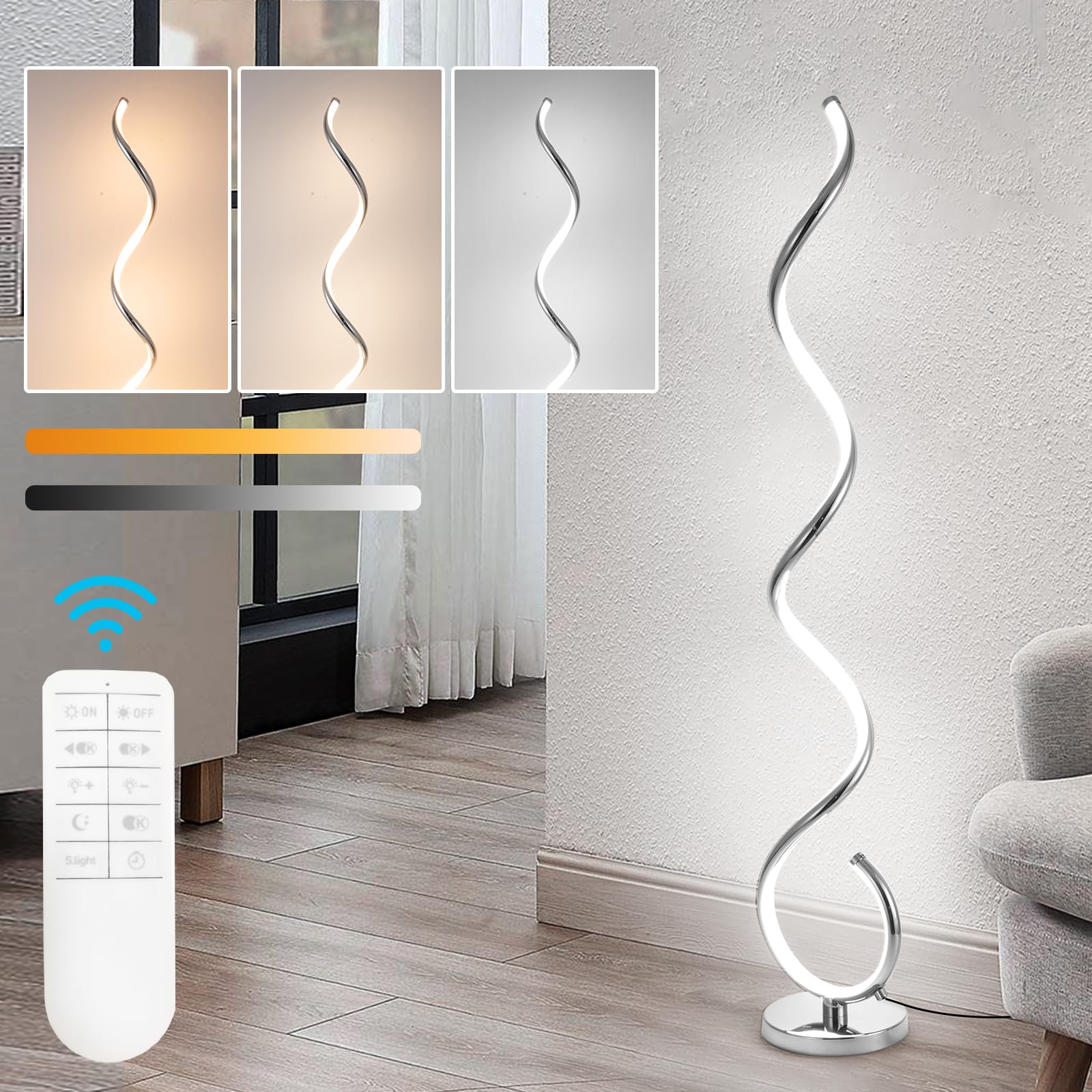 adisun led modern floor lamp for living room, spiral floor lamp for bedroom, 48w dimmable floor lamp for living room office dining room-silver,remote control