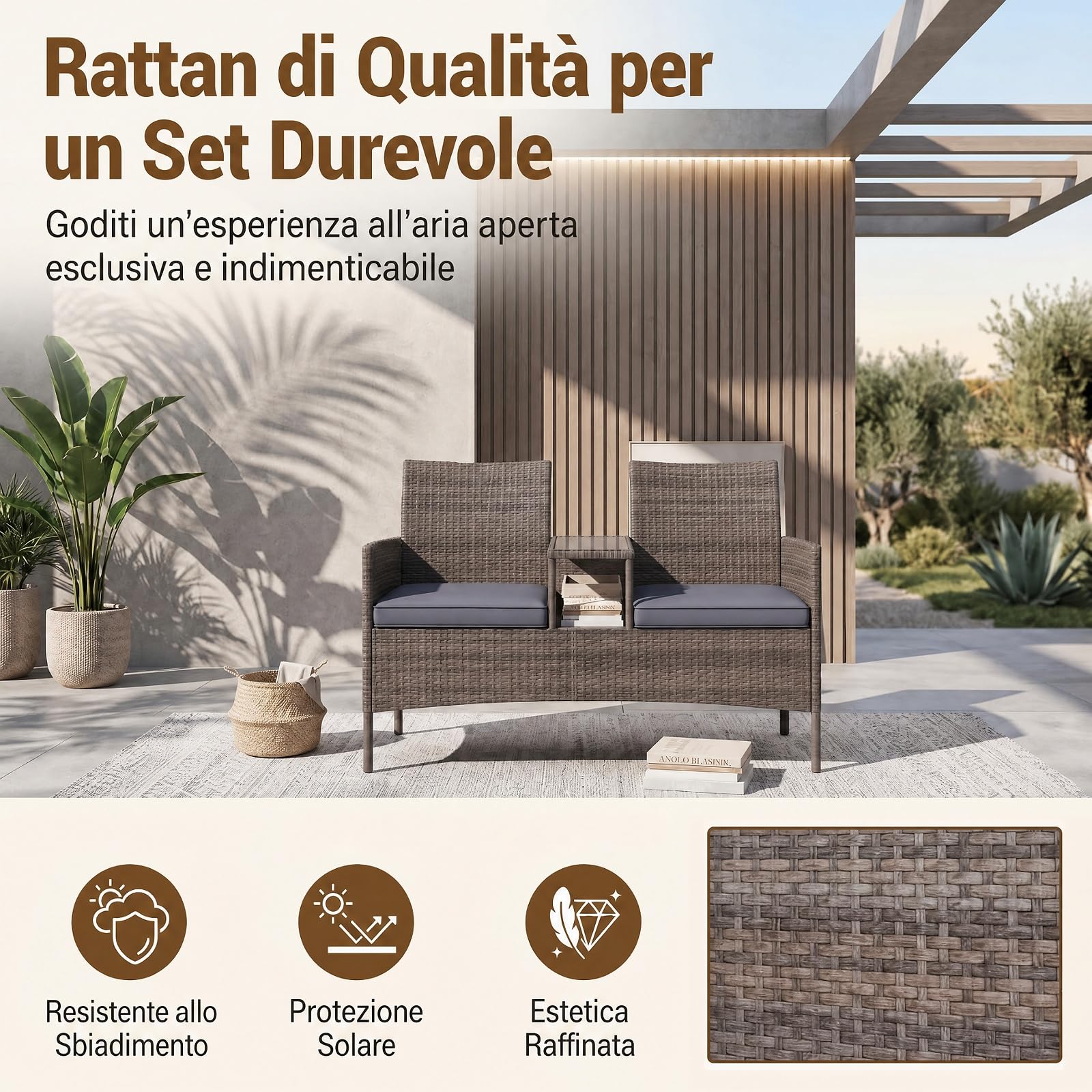 SOARS Panchina da Giardino 2 Posti, Divanetto da Esterno in Rattan con Tavolino in Vetro Temperato Integrato e Cuscini Rimovibili, Salotto da Giardino Esterno per Balcone e Piscina, 124 X 62 X 84 CM