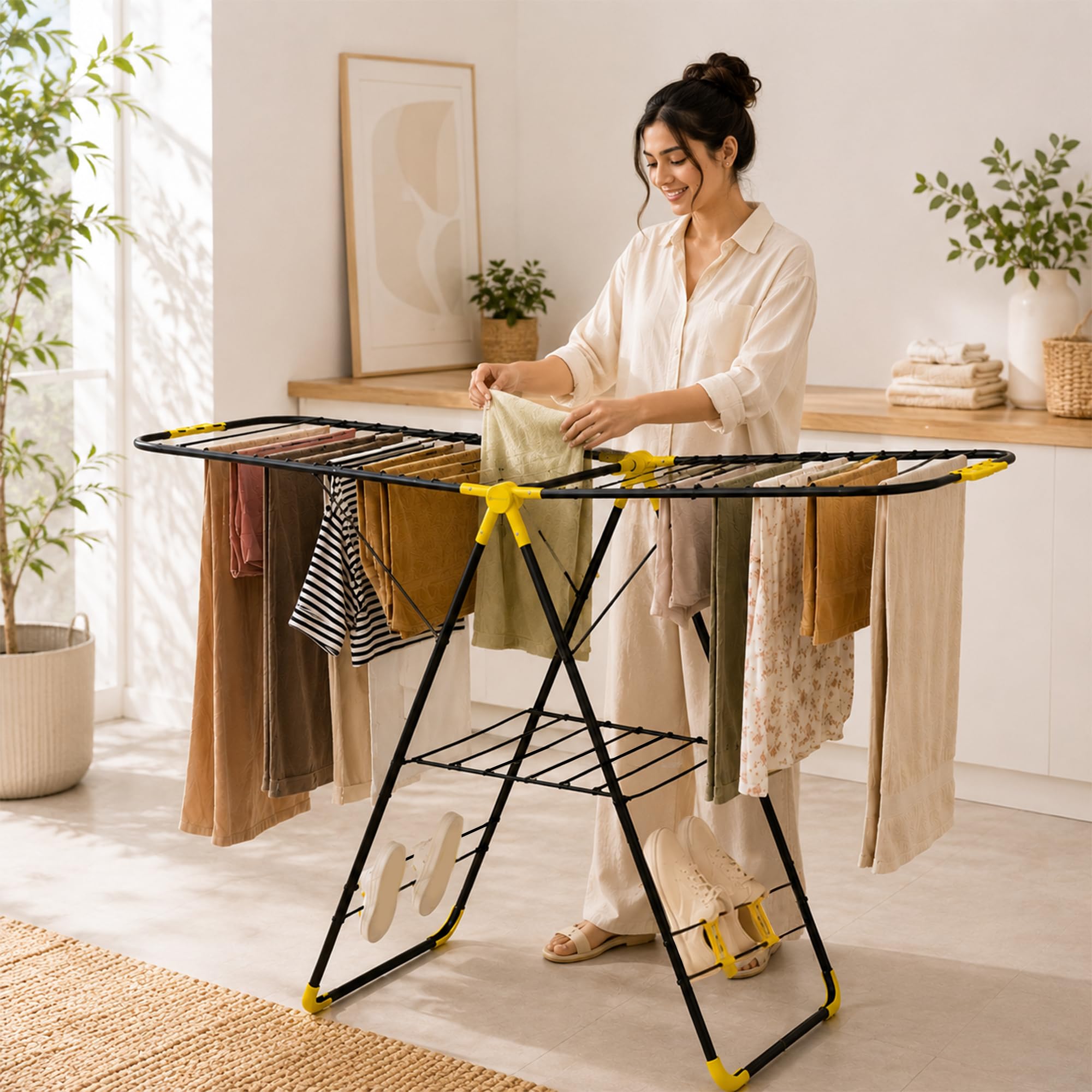 BonKaso Premium Steel Foldable Cloth Dryer Stand | Heavy Duty Clothes Drying Rack with Arm Lock & Socks Holder | 147 x 60.5 x 105.5 cm | Black & Yellow