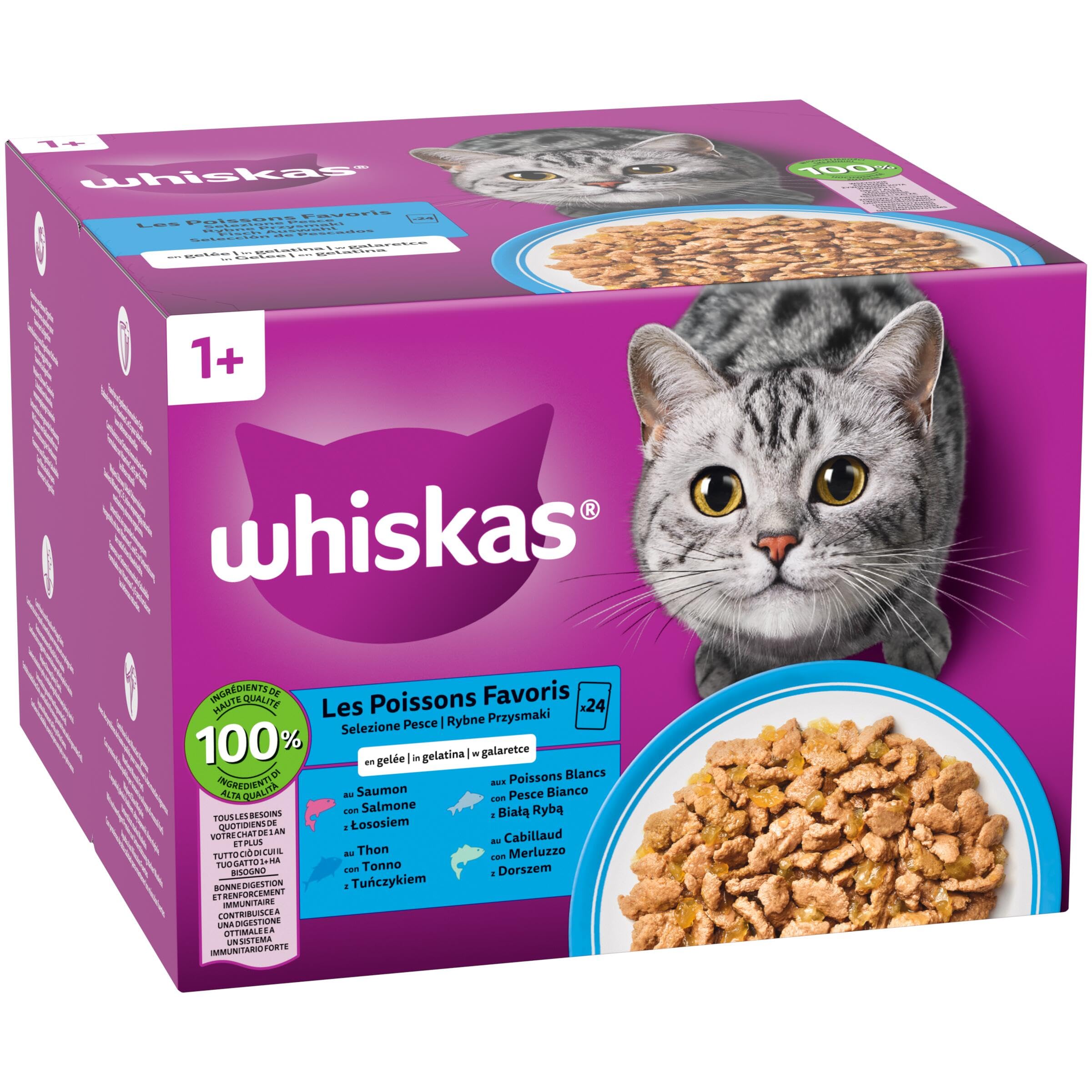 WHISKAS Aliment humide en gelée Chat adulte 24x85g Les Poissons Favoris (Lot de 2) 48 Sachets