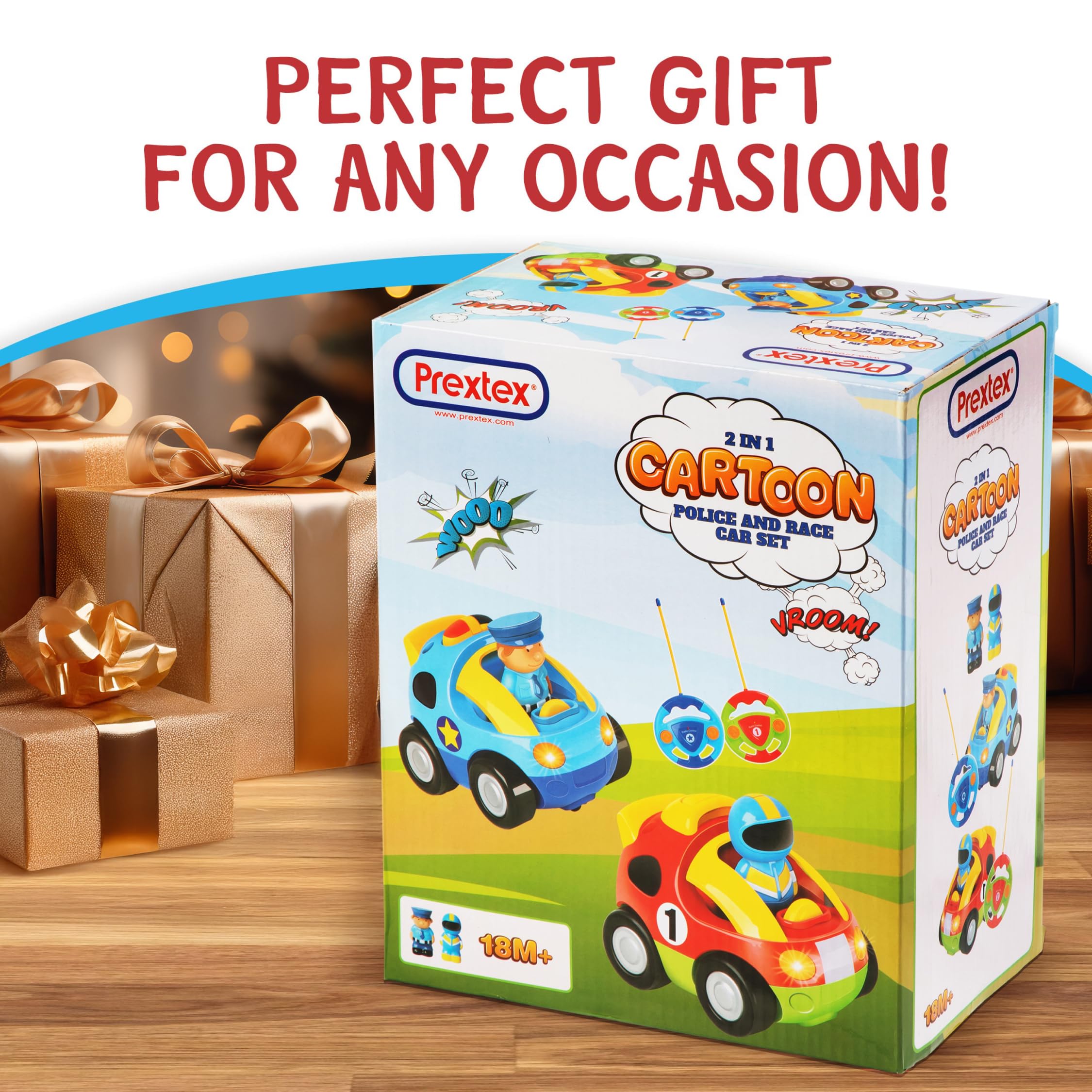 PREXTEX Cartoon Remote Control Car - 2-Pack Police and Race Car Toddler Toys - RC Cars for Kids with Different Frequencies - Easy Remote Control Toy and Thoughtful Gifts for Boys and Girls
