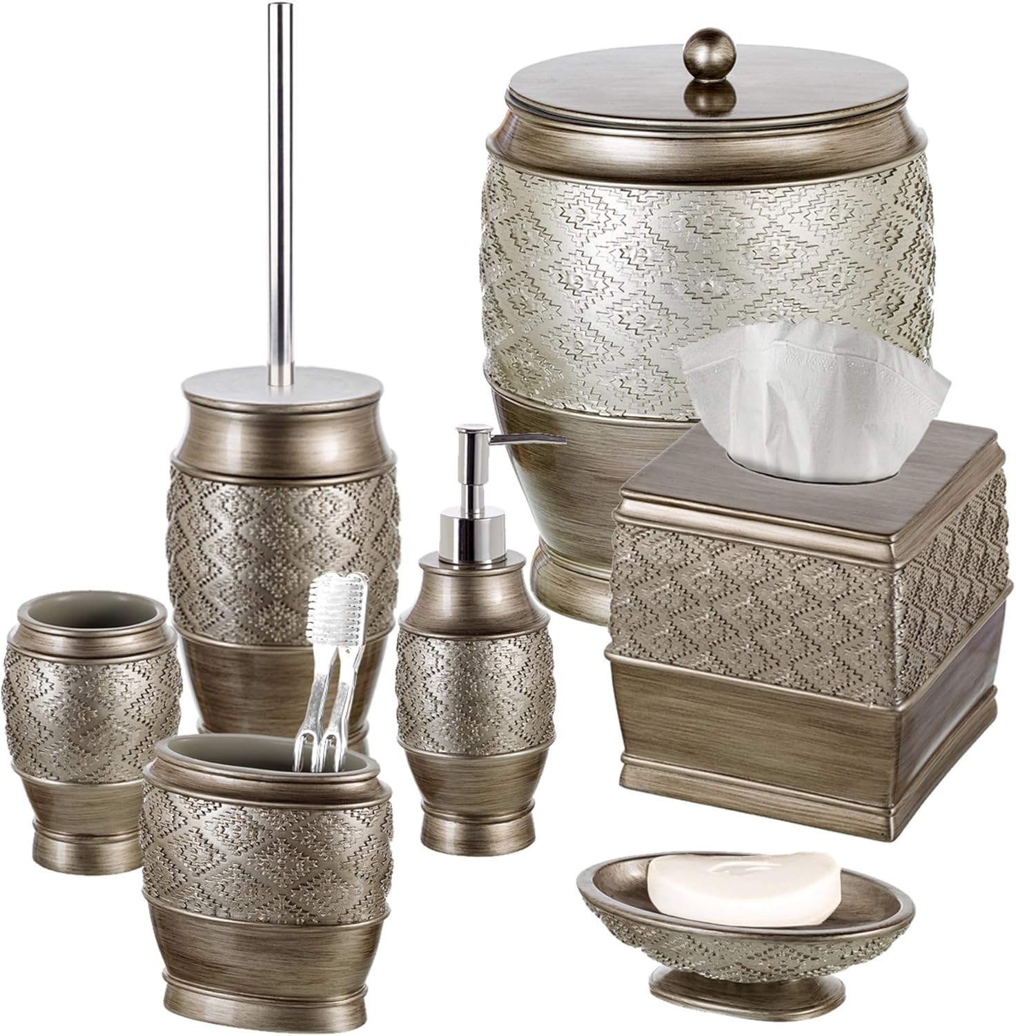 Creative Scents Dublin Silver 6 Piece Bathroom Accessory Set: Toilet Brush and Holder, Tissue Cover, Toothbrush Holder, Soap Dispenser, Tumbler & Soap Dish with Matching Bathroom Trash Can