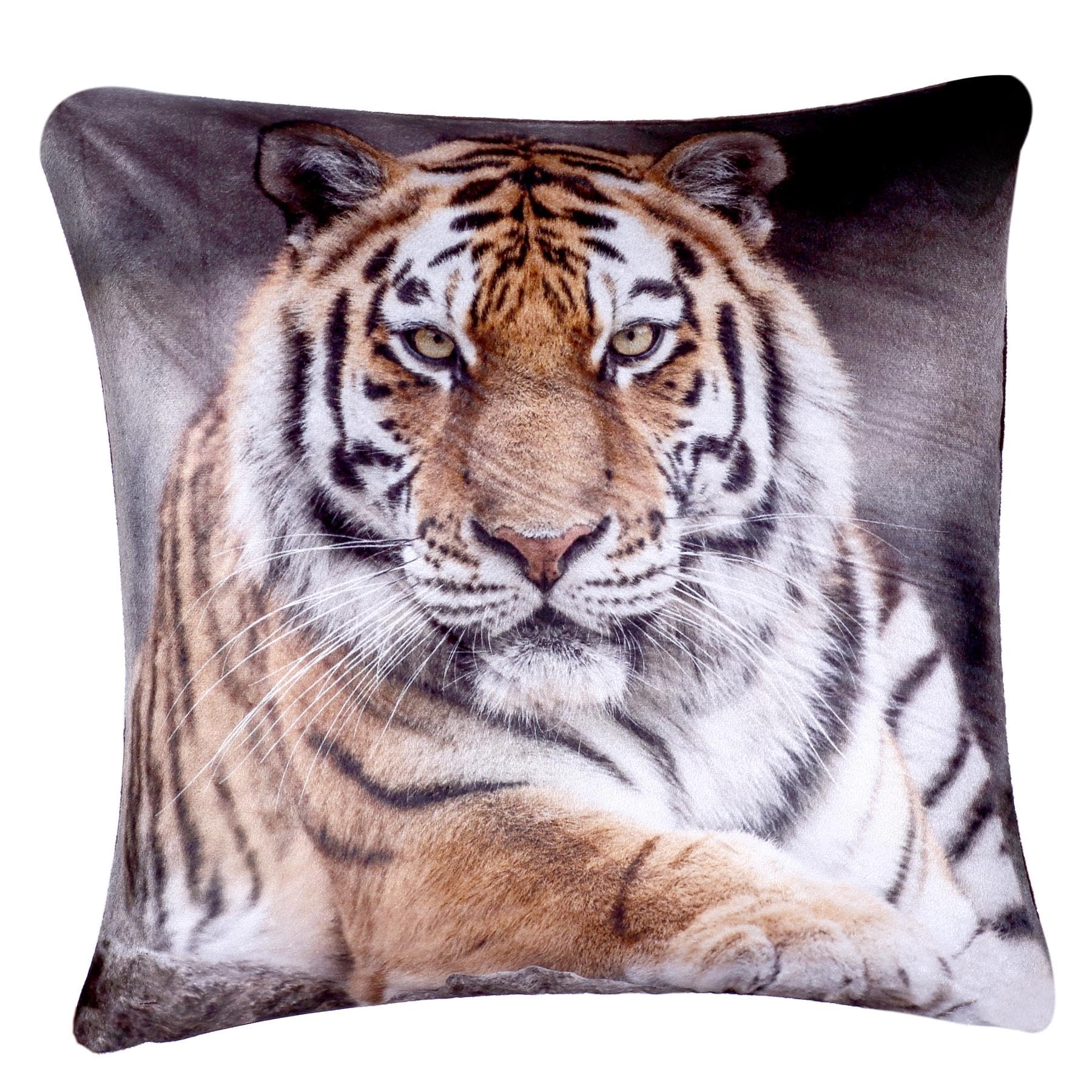 Roseley Washable Plush Velvet Cushion Covers 3D Digital Printed Animal Themed Square Cases (18" x 18") Cute Single Sided Prints (Tiger)