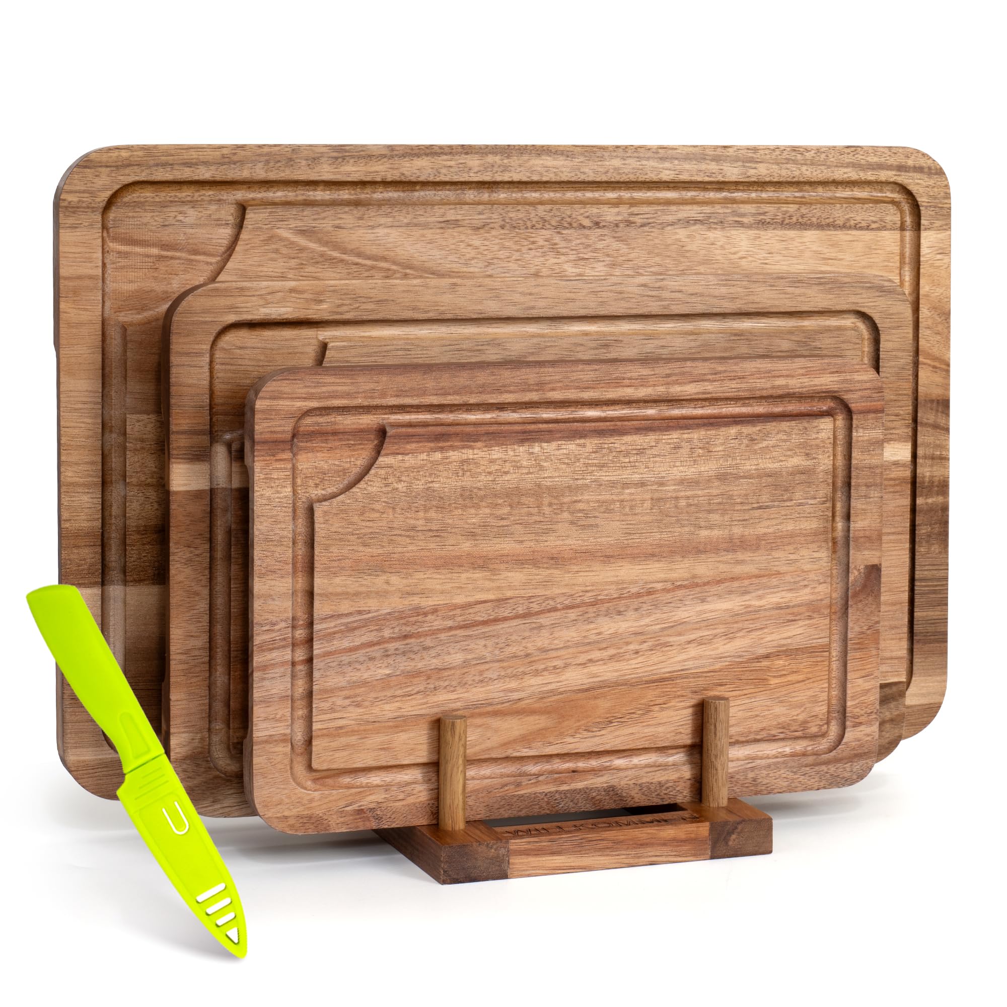 WILLKOMMEN Lot de 3 planches à découper en bois pour cuisine avec rainure pour jus, planches à découper (37x25-30x20-25x17cm) et bloc de boucher pour viande, légumes et fromage