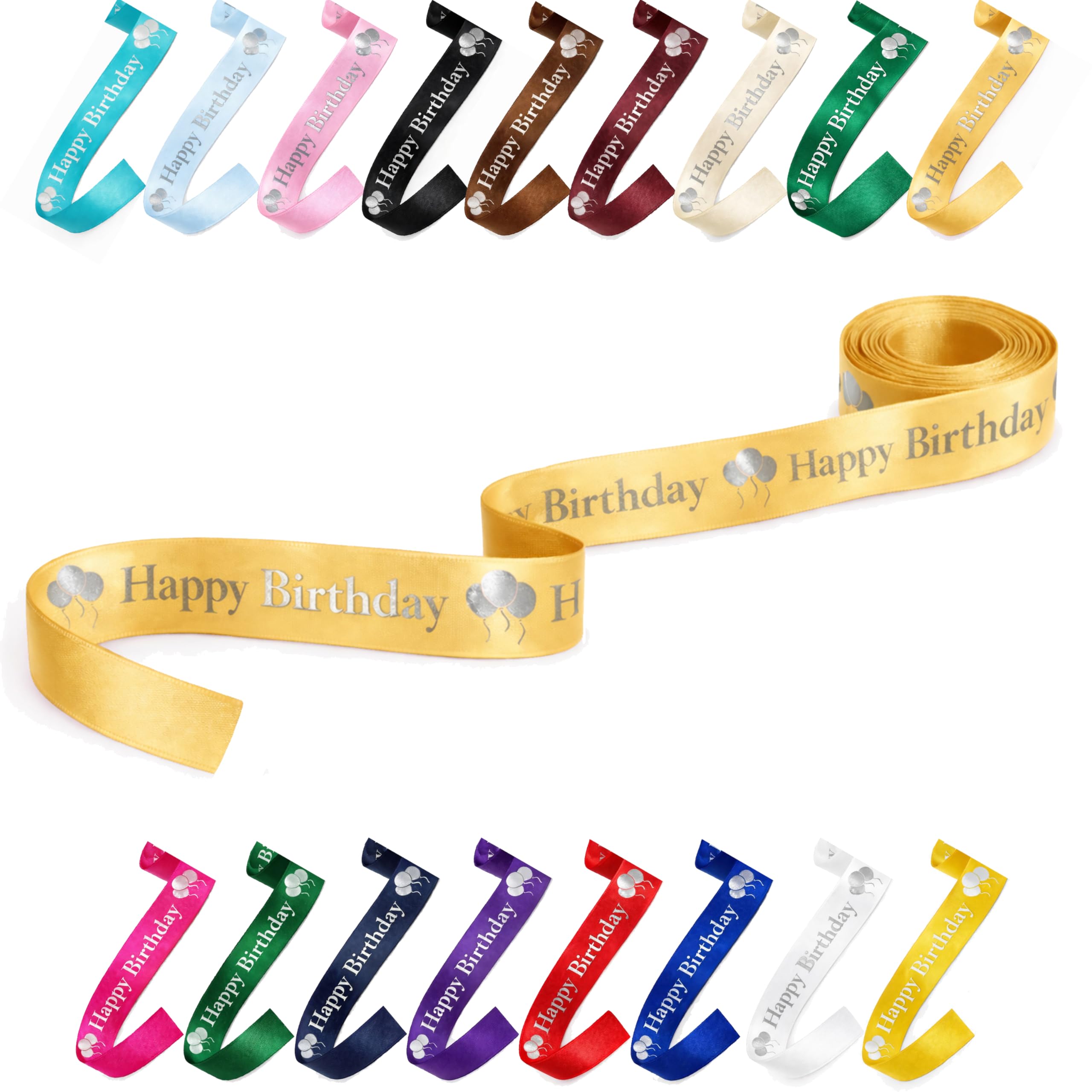 25mm (1") Wide Happy Birthday Luxury, Vibrant Satin Ribbon for Gift Wrapping, Flower Bouquet, Crafts, Balloons, Party Decoration with Metallic Silver Text & Balloon Print (Gold, 5 Metres)