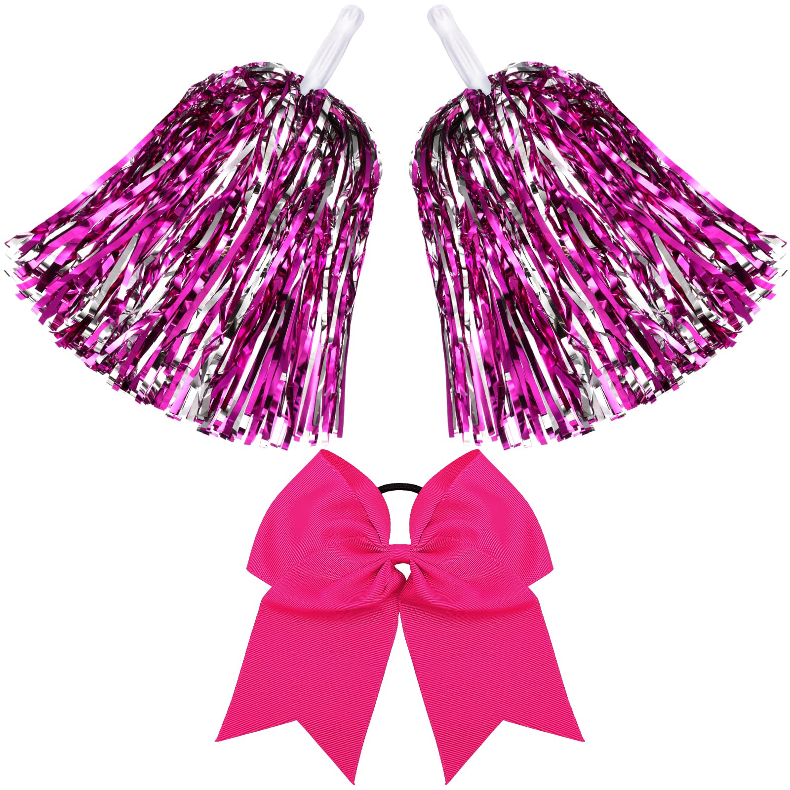Hanaive 3 Pcs Cheerleading Pom Poms and Large Cheerleader Hair Bow Metallic Foil Cheerleader Pompoms Cheer Supplies for Dance Squad Rooters Sport Team