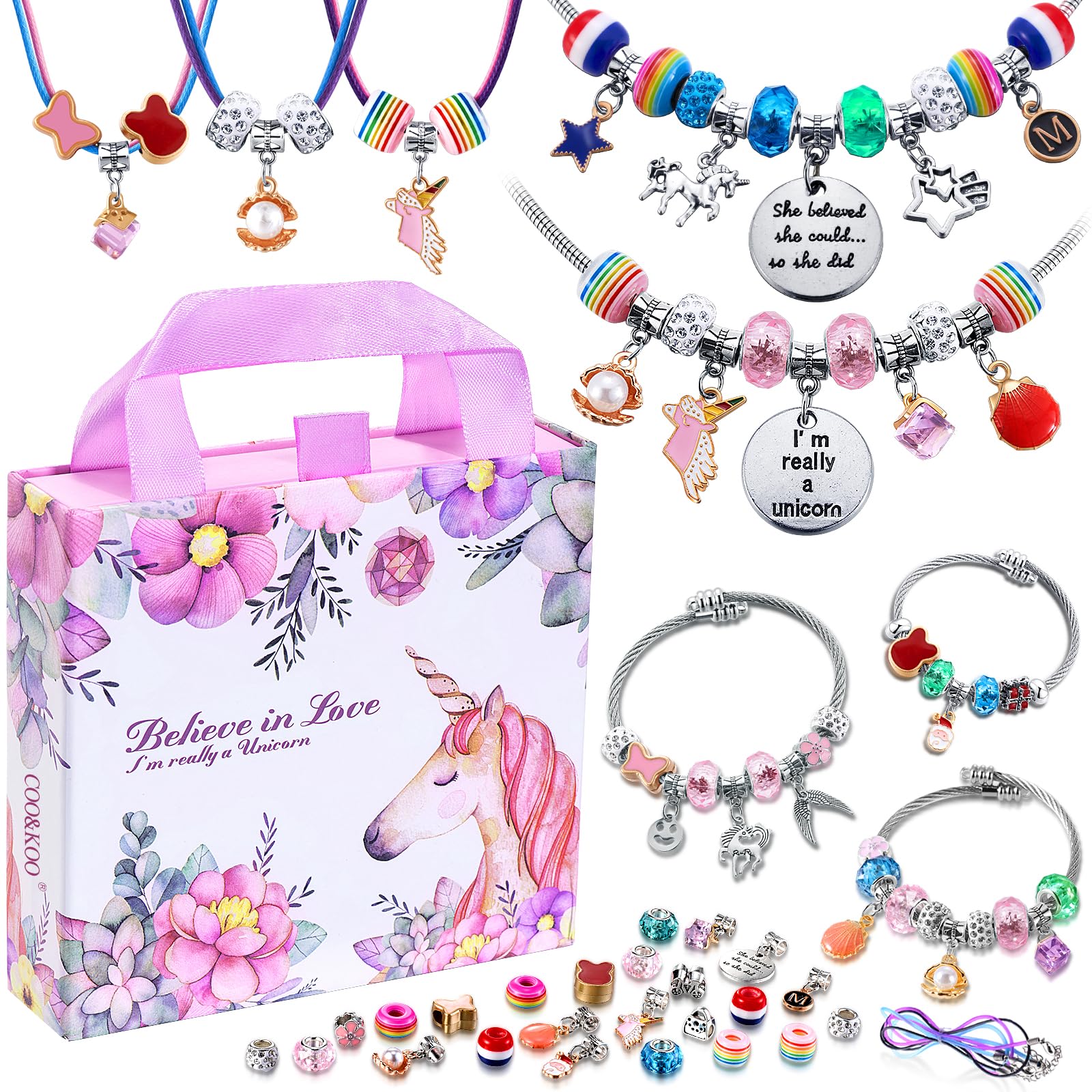 COO&KOO Charm Bracelet Making Kit, A Unicorn Girls Toy That Inspires Creativity and Imagination, Crafts for Girls Ages 8-12 with Jewelry Making Kit Perfect Gifts for 6 7 8 9 10 Girl Self-Expression!