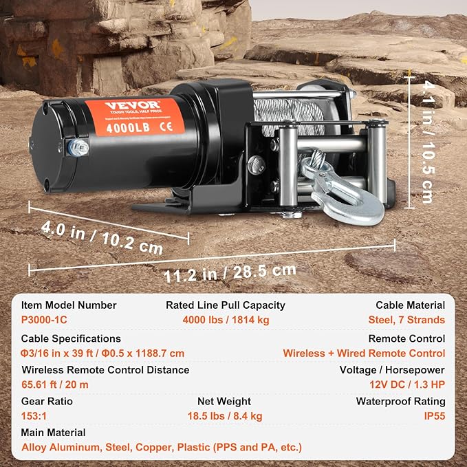 Winche Eléctrico VEVOR 4000 lb 12V DC con Control Remoto Inalámbrico y Cable de Acero miniatura 7