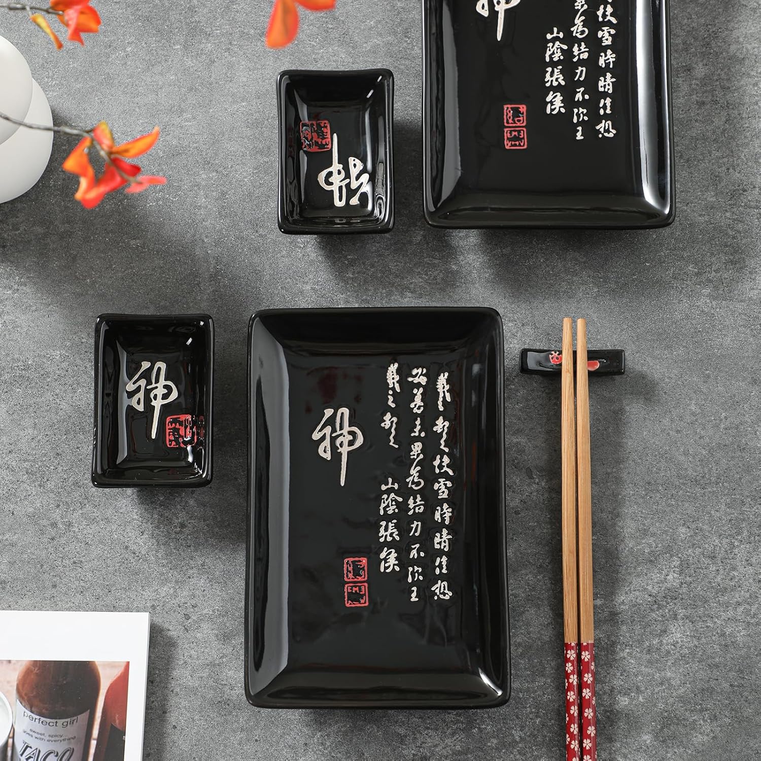 10 pcs Japanese Sushi Plate Sets Serving Platters and Trays for Entertaining Sushi Dishes Set Plates Sushi Plates Traditional Cuisine Dinnerware Sets with Chopsticks Black Shen