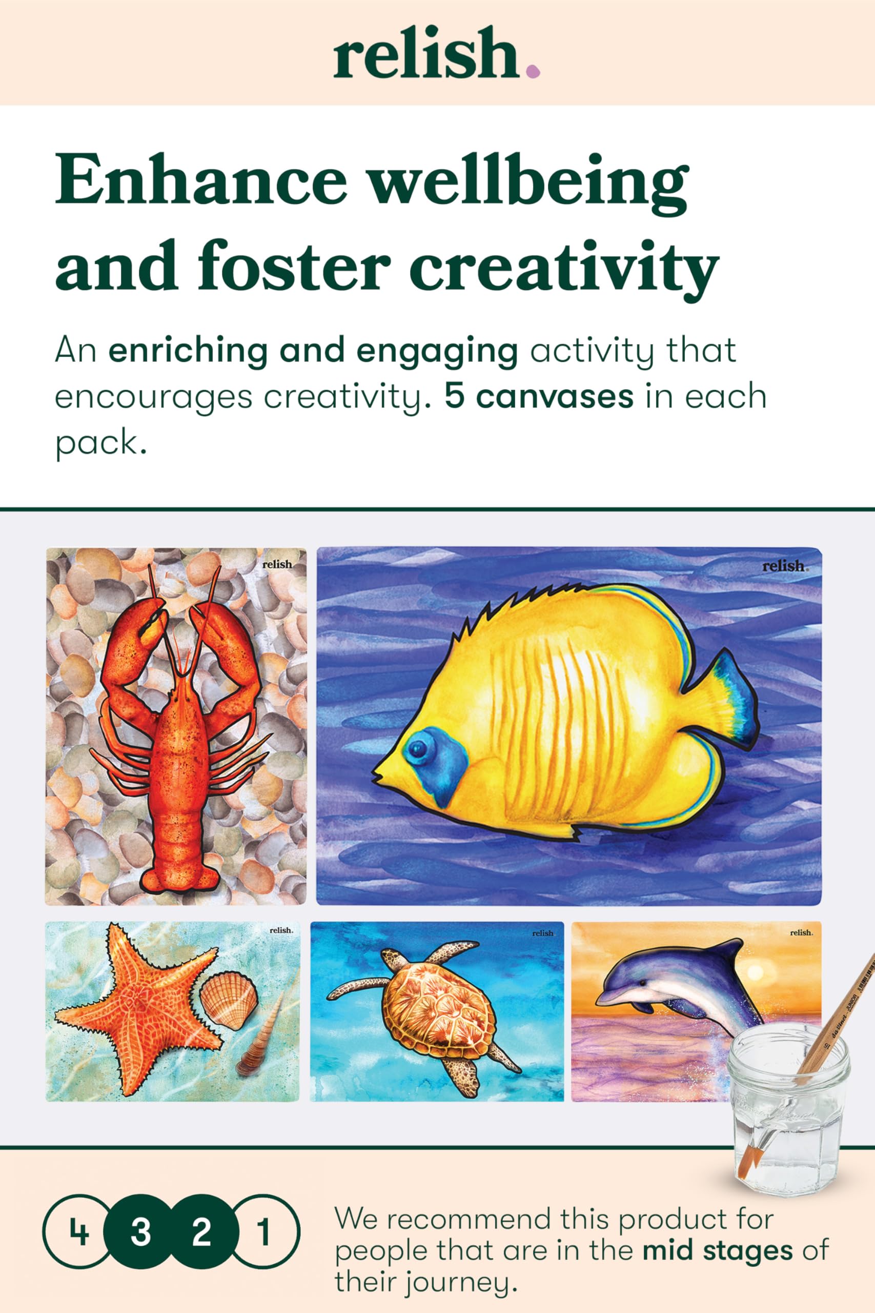 Relish Aquapaint Wonderful Animals Waterverfset, verpakking met 5 designs, herbruikbaar, voor de ziekte van Alzheimer/Dementie