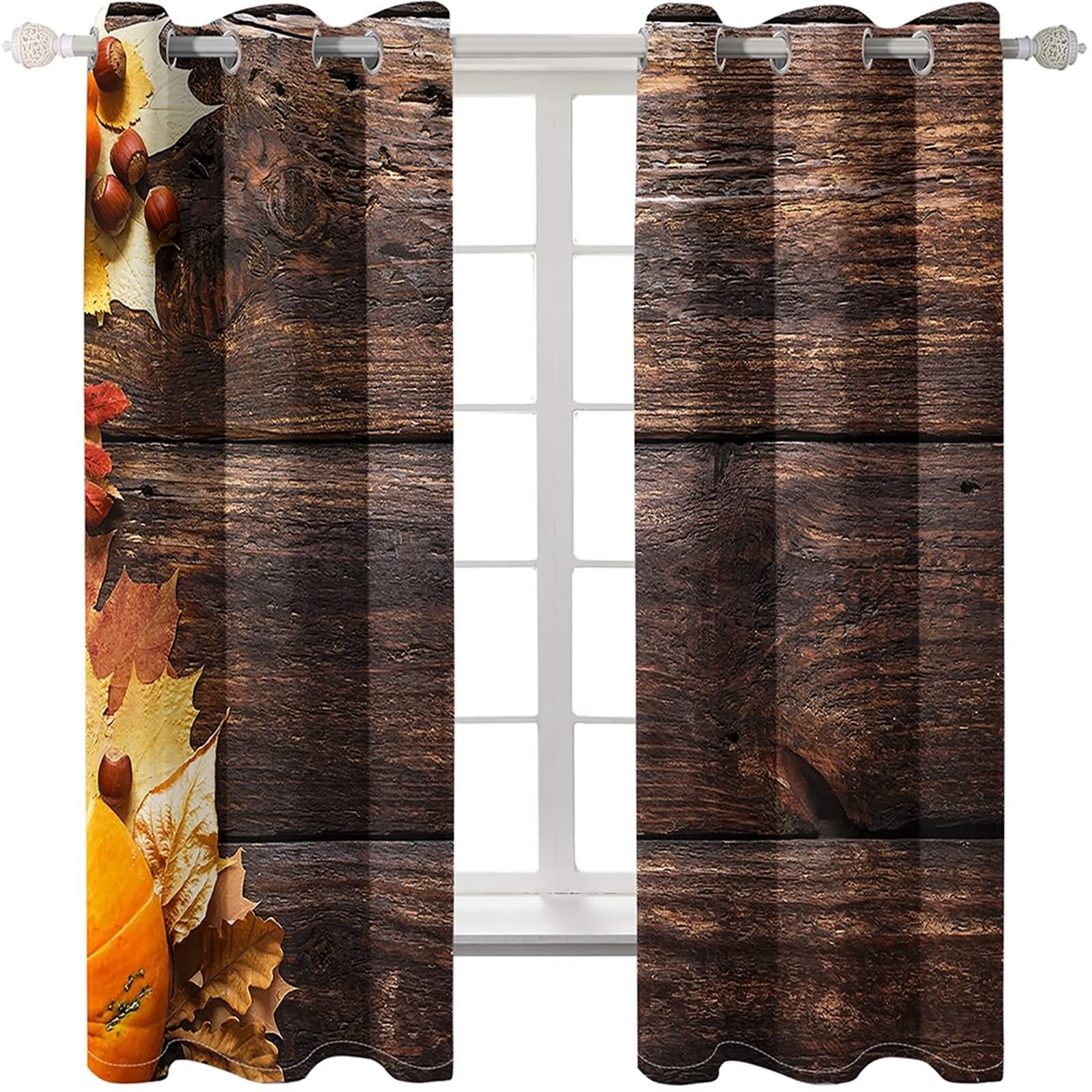 Tenda da Cucina con Occhielli,2 x 137W x 229H CM,Tende da Cucina Oscuranti 2 Pannelli Tavola di Legno e Motivo Foglia d'Acero Tende da Salotto Marrone Scuro