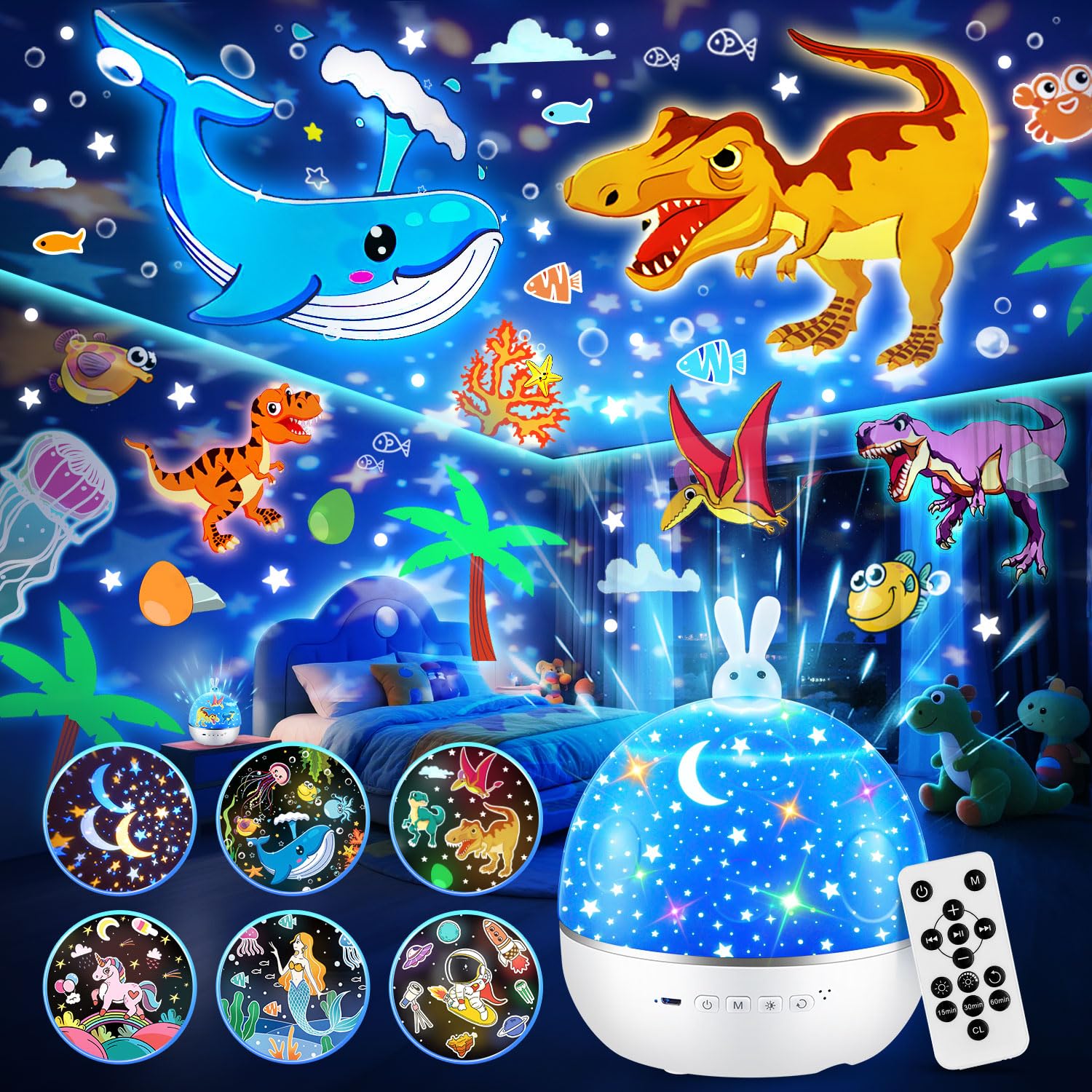 One FireNight Light Projector, with 15 Films & Bluetooth Music and Remote-Controlled, Rechargeable Star Projector for Kids, Baby Sensory Lights, Ocean, Unicorn, Dinosaur Decor Gifts for Kids.