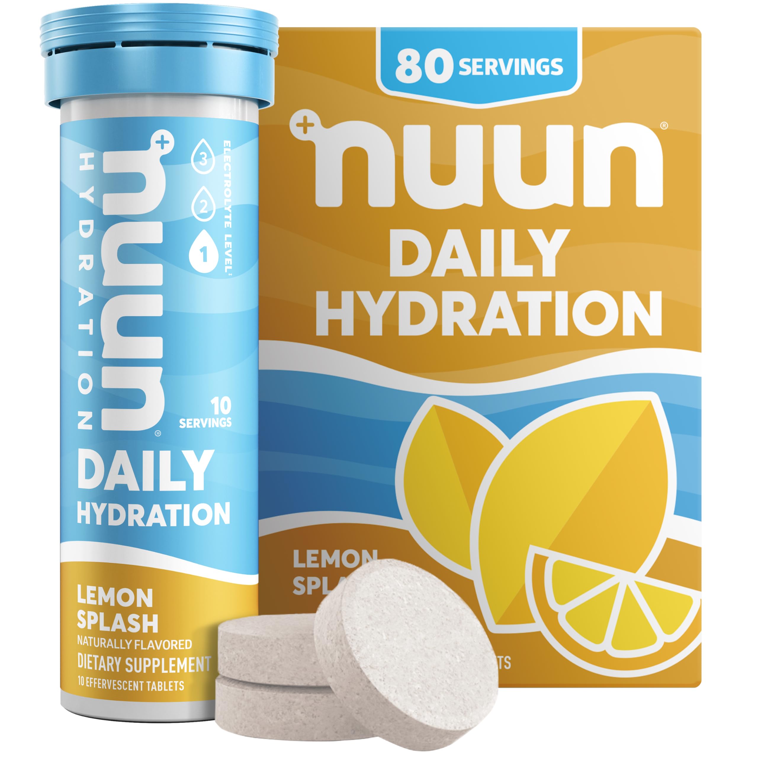 Nuun Daily Electrolyte Tablets with Magnesium, Calcium, Potassium, Chloride & Sodium, Gluten Free, Sugar Free, & Vegan, Lemon Splash Flavor, 8 Pack (80 Servings Total)