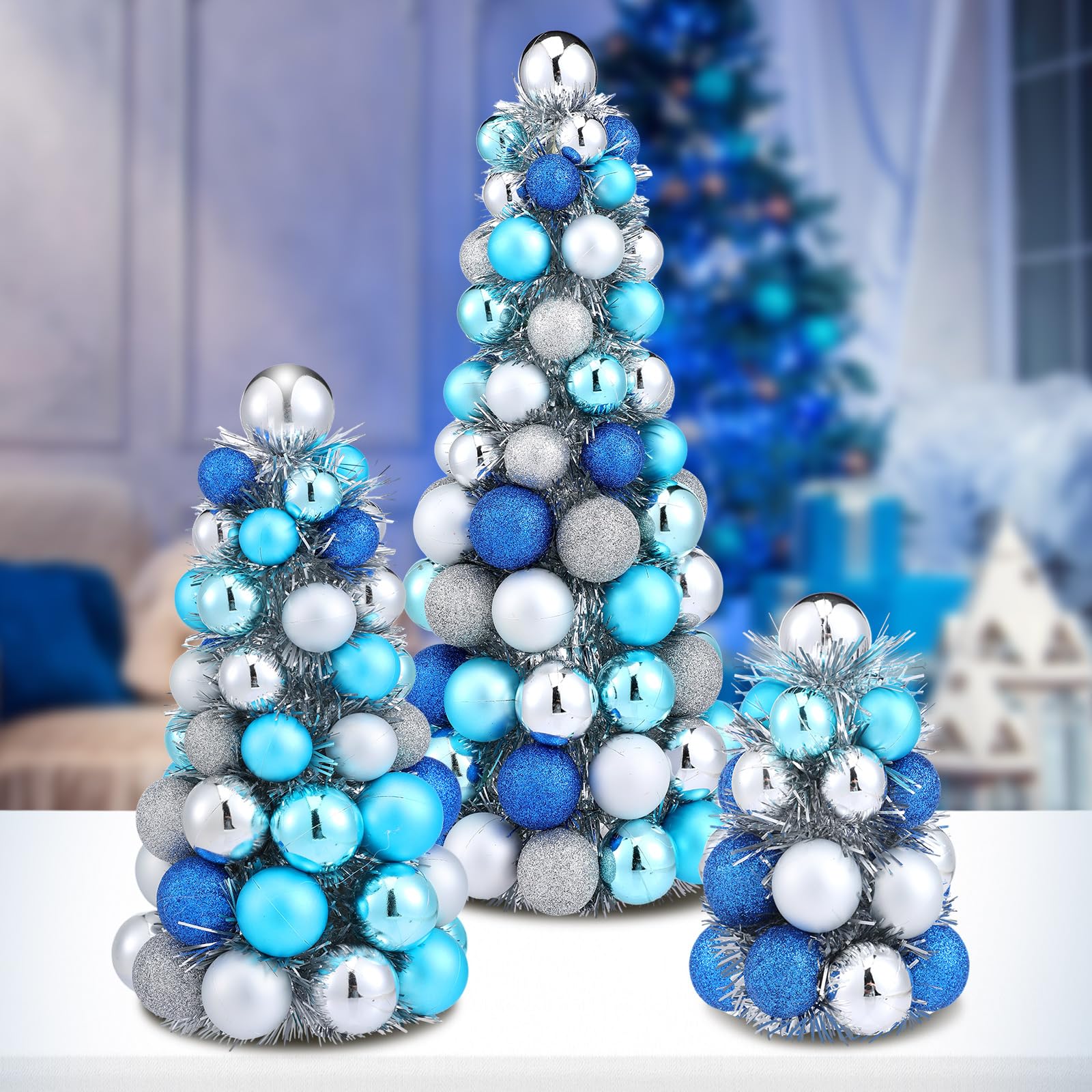 Ceenna Set of 3 Christmas Ball Tree Blue and Silver Christmas Decorations Balls Teal Mini Xmas Tree Turquoise Table Centerpiece Decorative for Xmas Party Supplies Home Indoor Decor, 3 Sizes