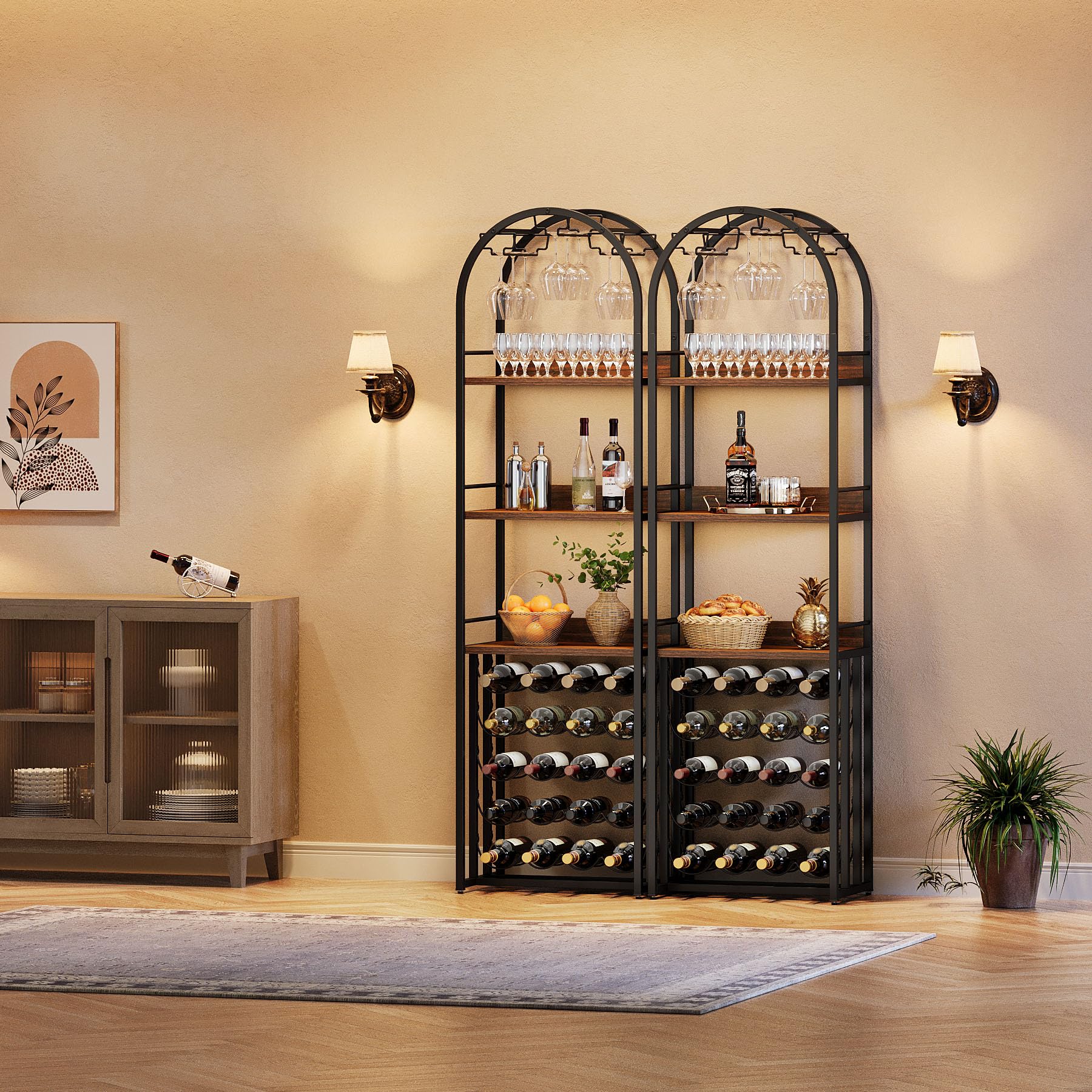 Tribesigns Porte-bouteilles en métal avec support en verre et rangement de vin pour cave, bar et espace de rangement, porte-bouteilles avec plateau de table, 50 x 35 x 180 cm, marron