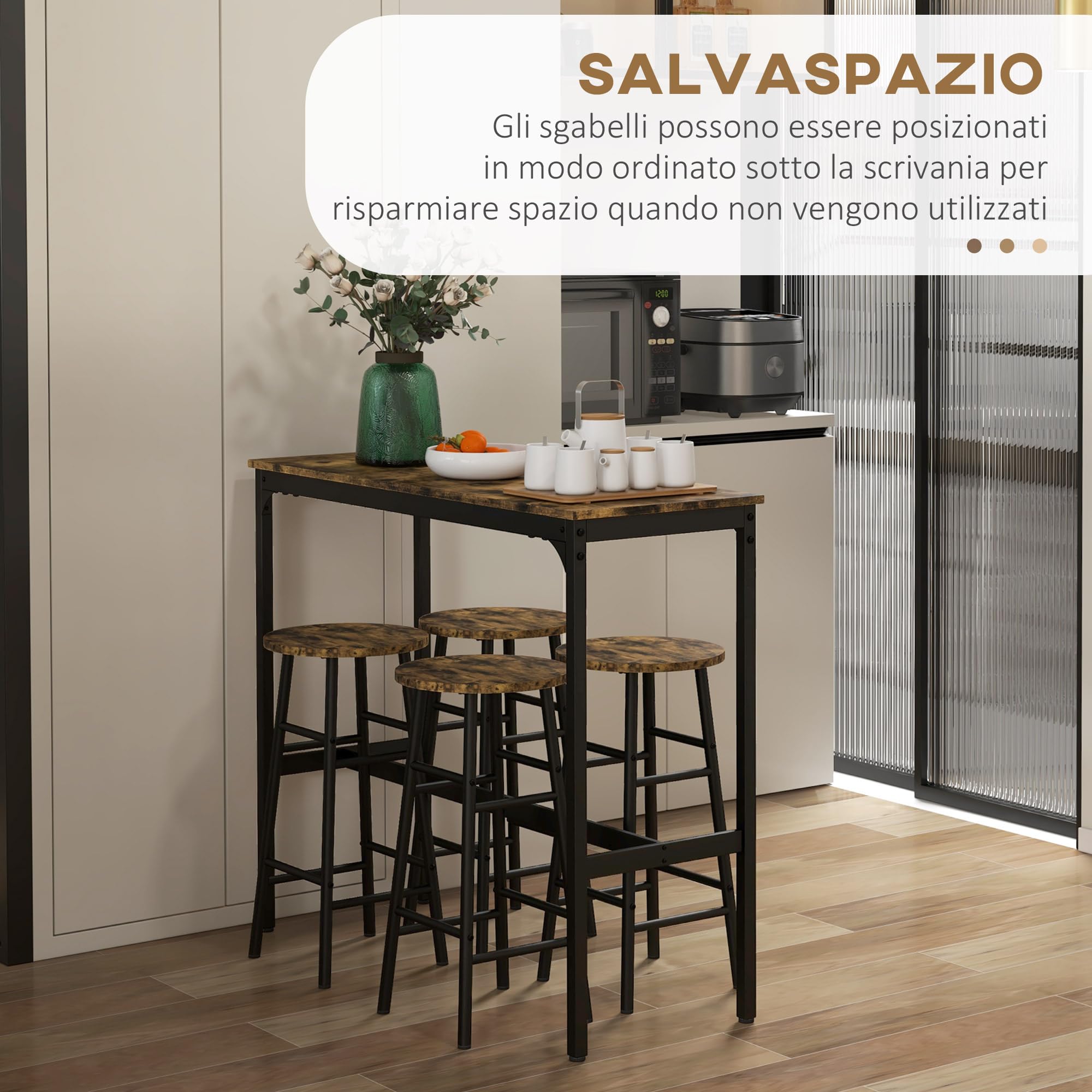 HOMCOM Set Tavolo Rettangolare 4 Posti e Sedie, 4 Sgabelli Poggiapiedi in MDF e Acciaio, Poggiapiedi Ø30x60 cm e Tavolo Rettangolare 105x40x90 cm, Nero e Marrone