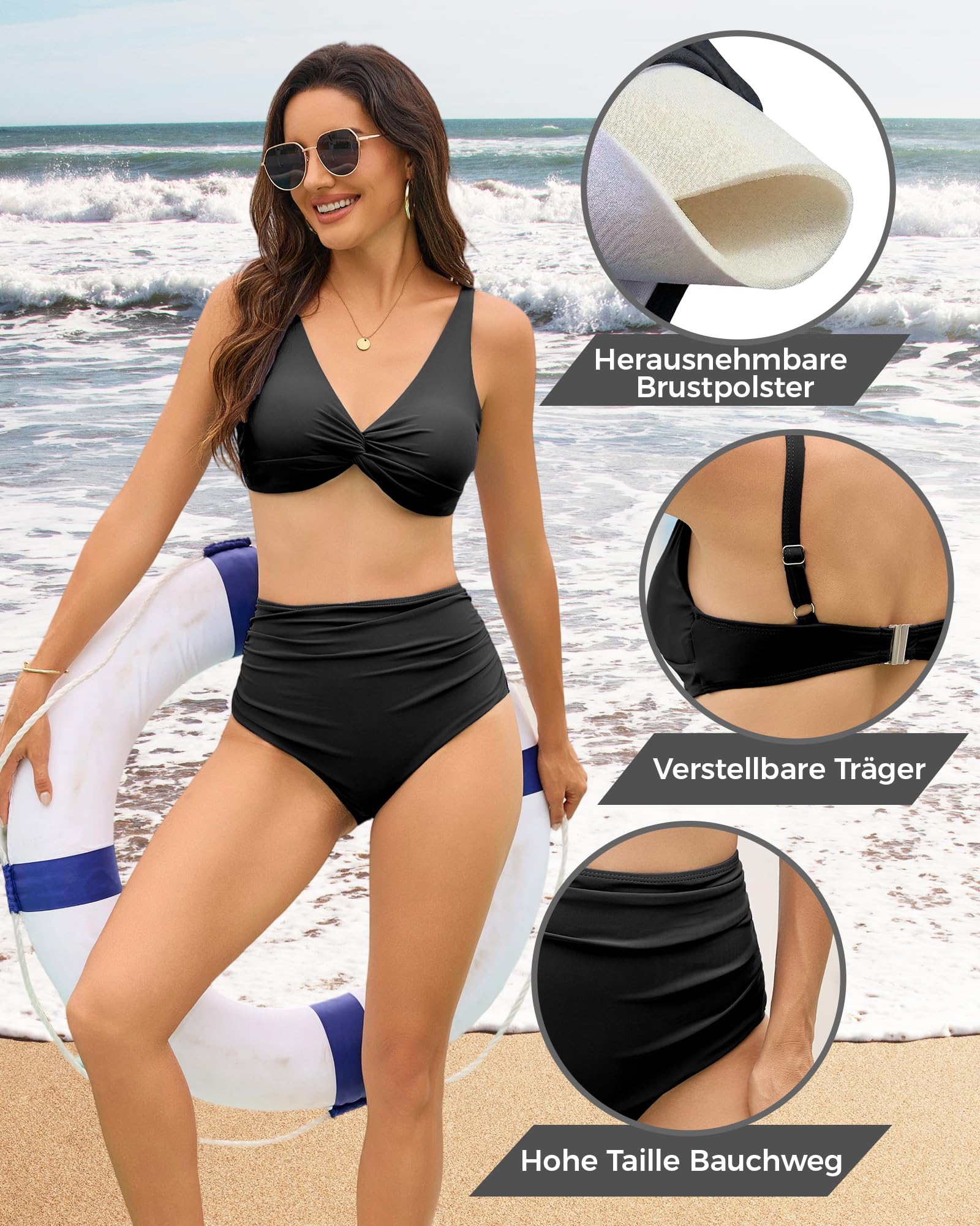 Conjunto de bikini para mujer, alto con control de abdomen, bikini sexy de dos piezas, traje de baño de dos piezas, traje de baño con tirantes ajustables, cuello en V, sexy push-up, tirantes
