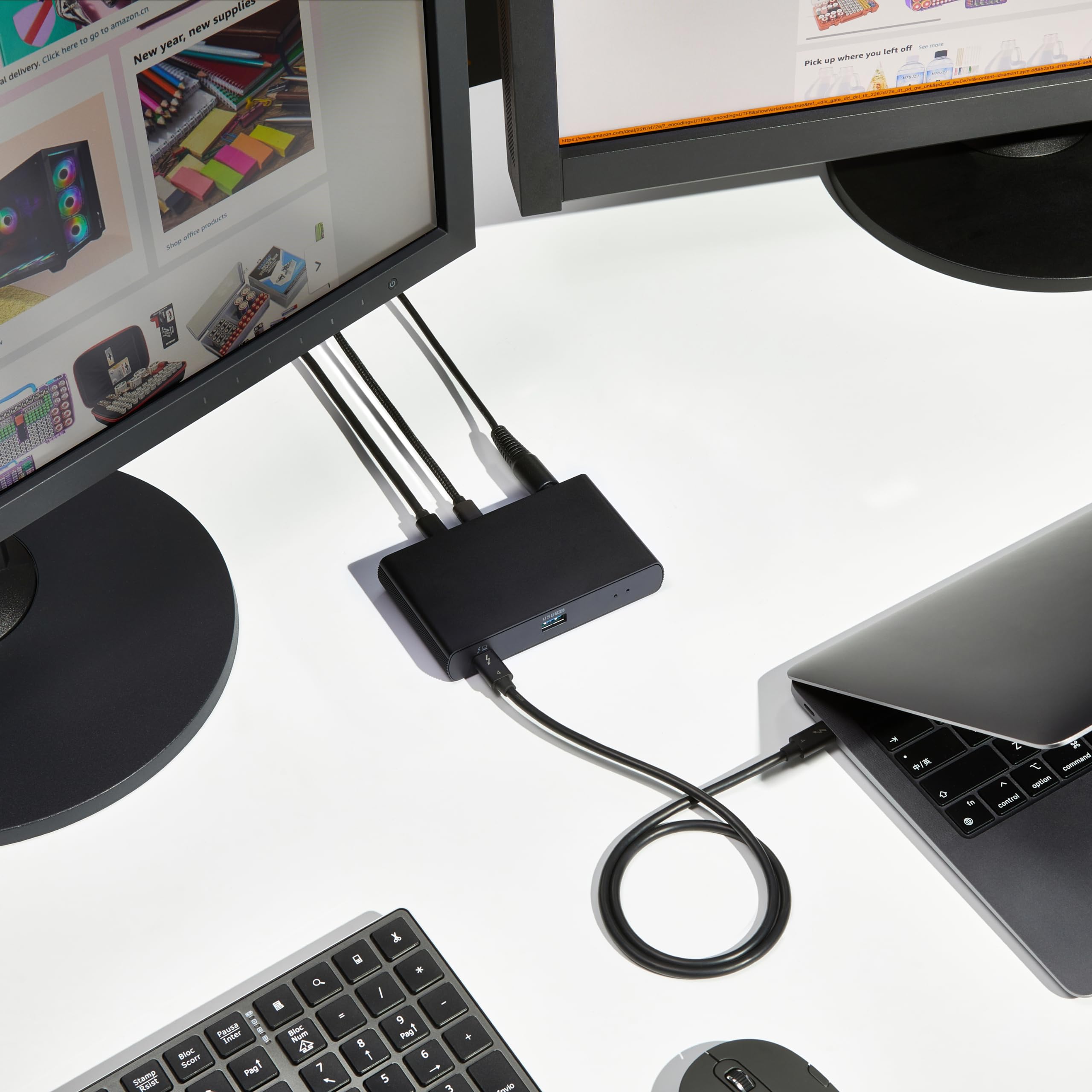 Amazon Basics Stacja dokująca Thunderbolt 4/USB 4, 3 x TBT4 typu downstream (dwa wyświetlacze), 1 x USB A 3.1, EU, czarna, 12,16cm x 7,21cm x 2,16cm