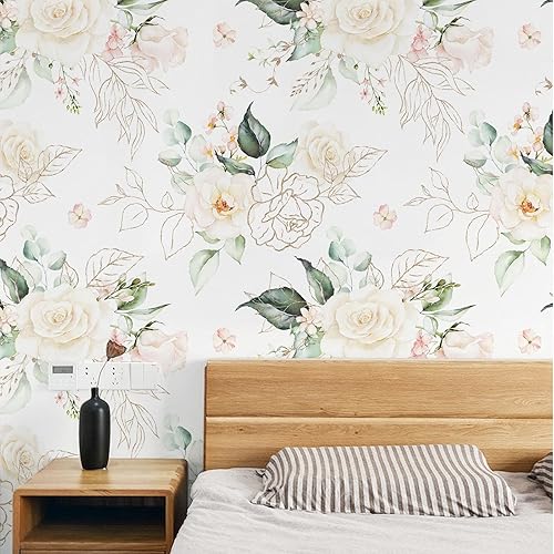 Miniatura 2 de BaoHArtHome Kit de papel tapiz floral para despegar y pegar, herramienta de alisado, papel de contacto extraíble, hoja de oro rosa, fácil de