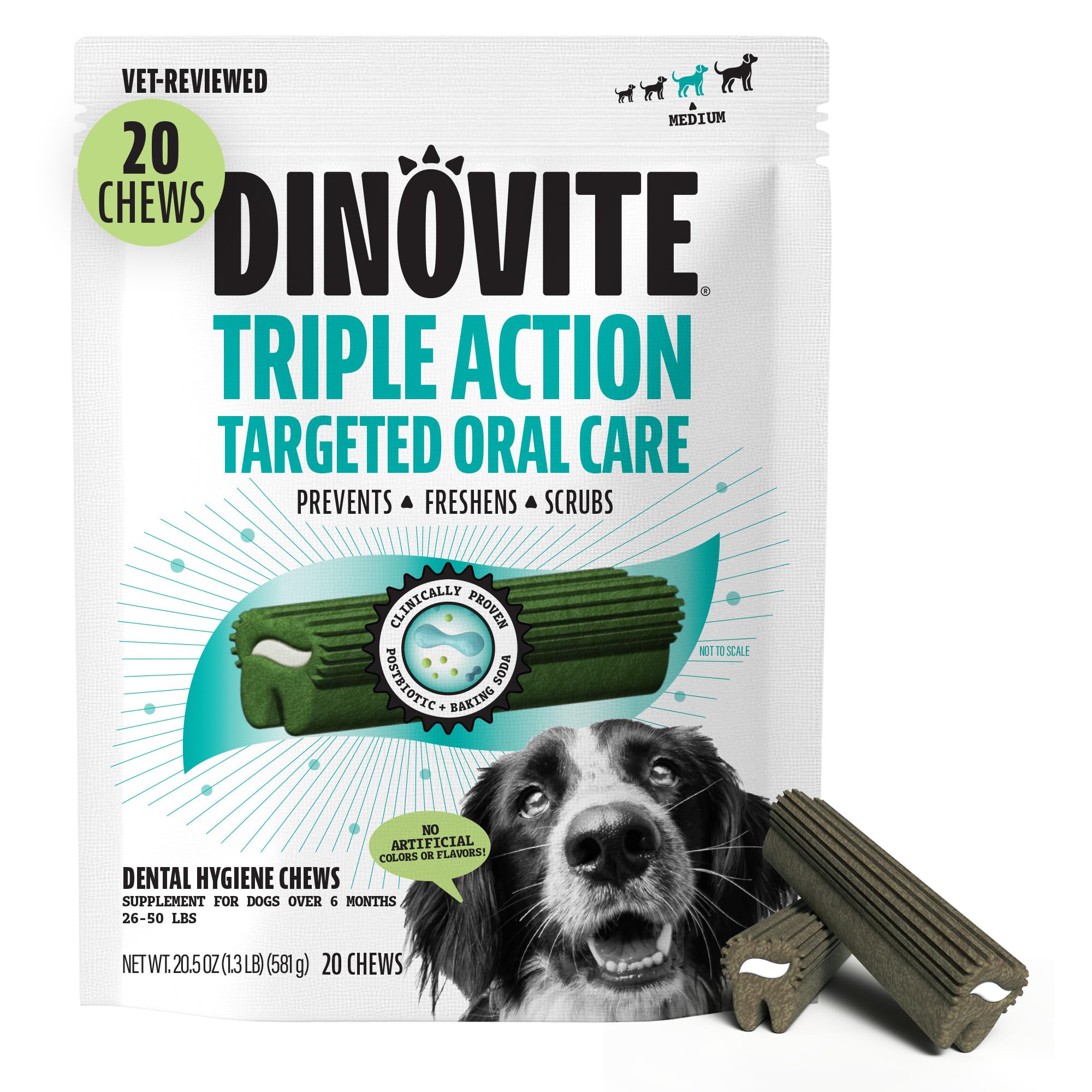 Dinovite Dental Chews for Dogs, Triple Action Dental Dog Treats for Medium Breeds, Clinically Proven to Prevent Plaque & Tartar While Freshening Breath, Fresh Mint Flavor, Made in USA, 20 Count