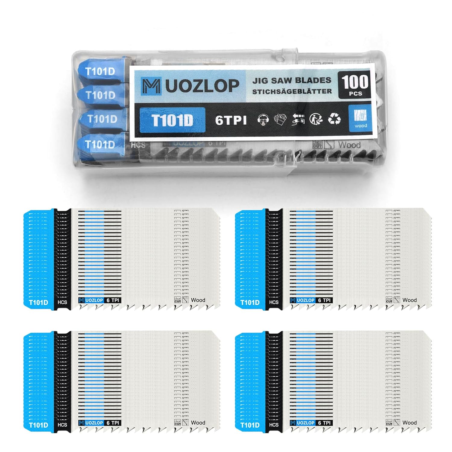 100pcsT101D Jigsaw Blades，6TPI Jig Saw Blades with Storage Case,T-Shank jig Saw Blades for Wood Cutting (100pcsT101D)