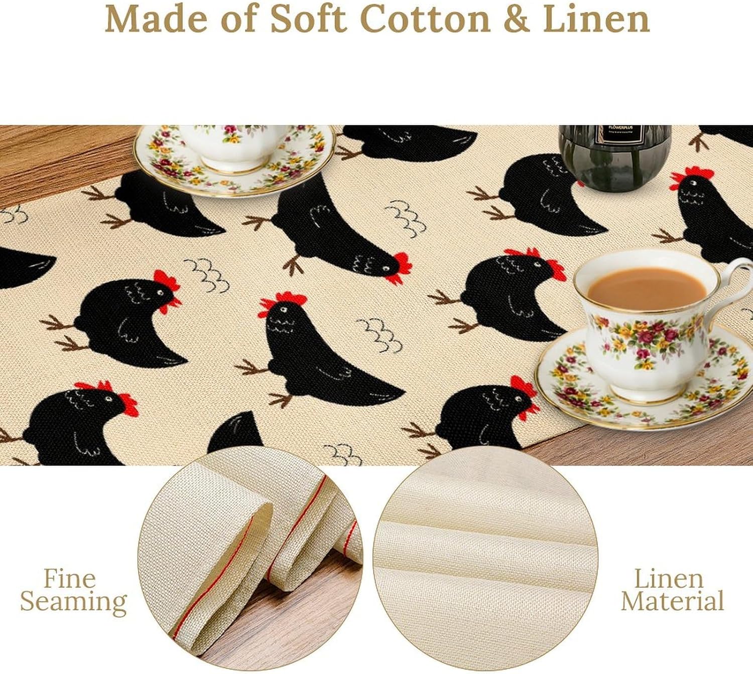 Farmhouse Rooster Dining Table Runner Black Funny Chicken Vintage Farm Flower Dinner Runner for Country Farmhouse Home Kitchen Dinner Table Holiday Party, 13x120 Inch