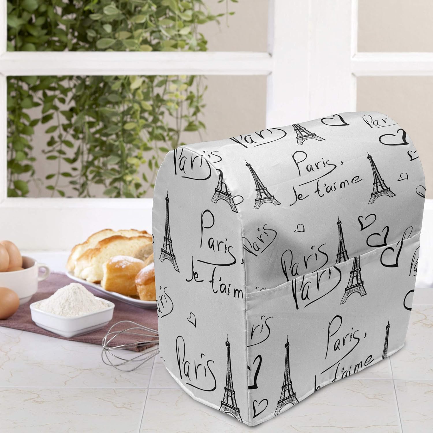 Ambesonne Paris Stand Mixer Cover, World Capital City of Love French European Hand Drawn Sketch Eiffel Illustration, Kitchen Appliance Organizer Bag Cover with a Pocket, 6-8 Quarts, Black White