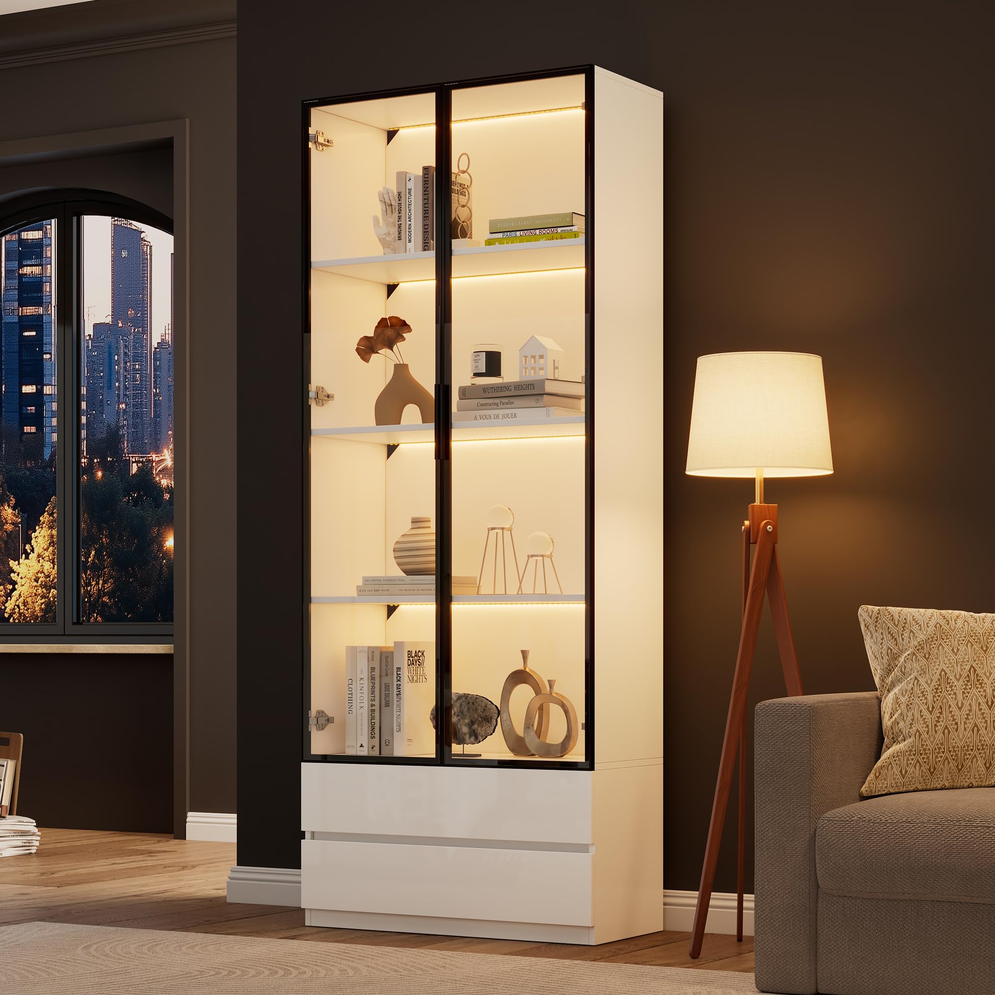 LAKFEW Vitrina con LED y Almacenaje, Vitrina Cristal con 2 Cajones y 2 Puertas de Cristal, Vitrina Expositora Mueble Salon para Despacho, Vitrinas para Salon, 80x34x200 cm, Blanco