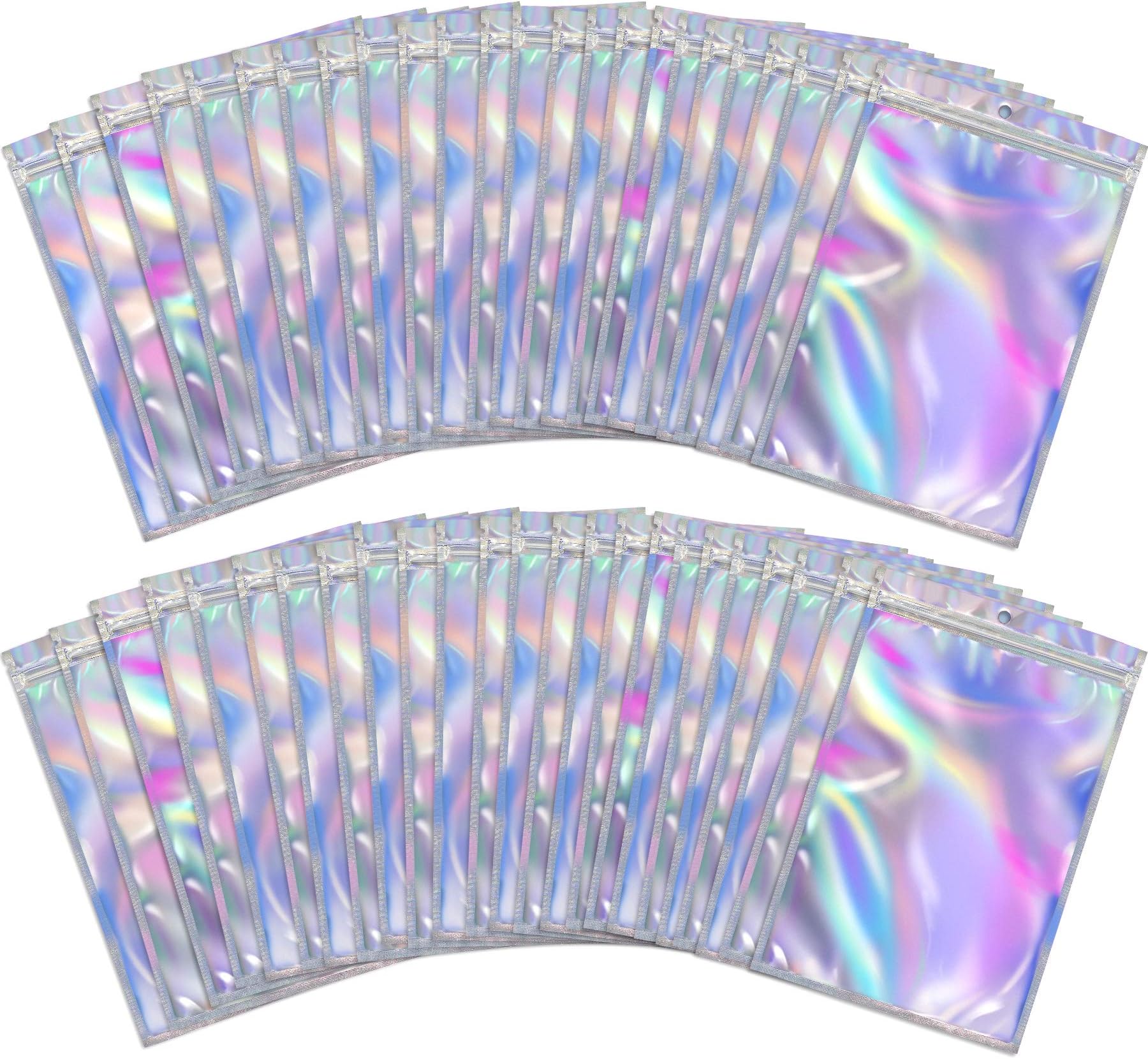 150 Foil Ziplock Bags Resealable Smell Proof Flat Metallic Bags for Party Favours Food Storage, Holographic, 10x15cm